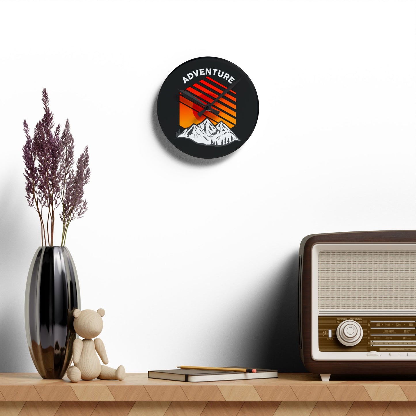 Adventure Sunset Wall Clock – Bold Mountain Art for Outdoor Explorers