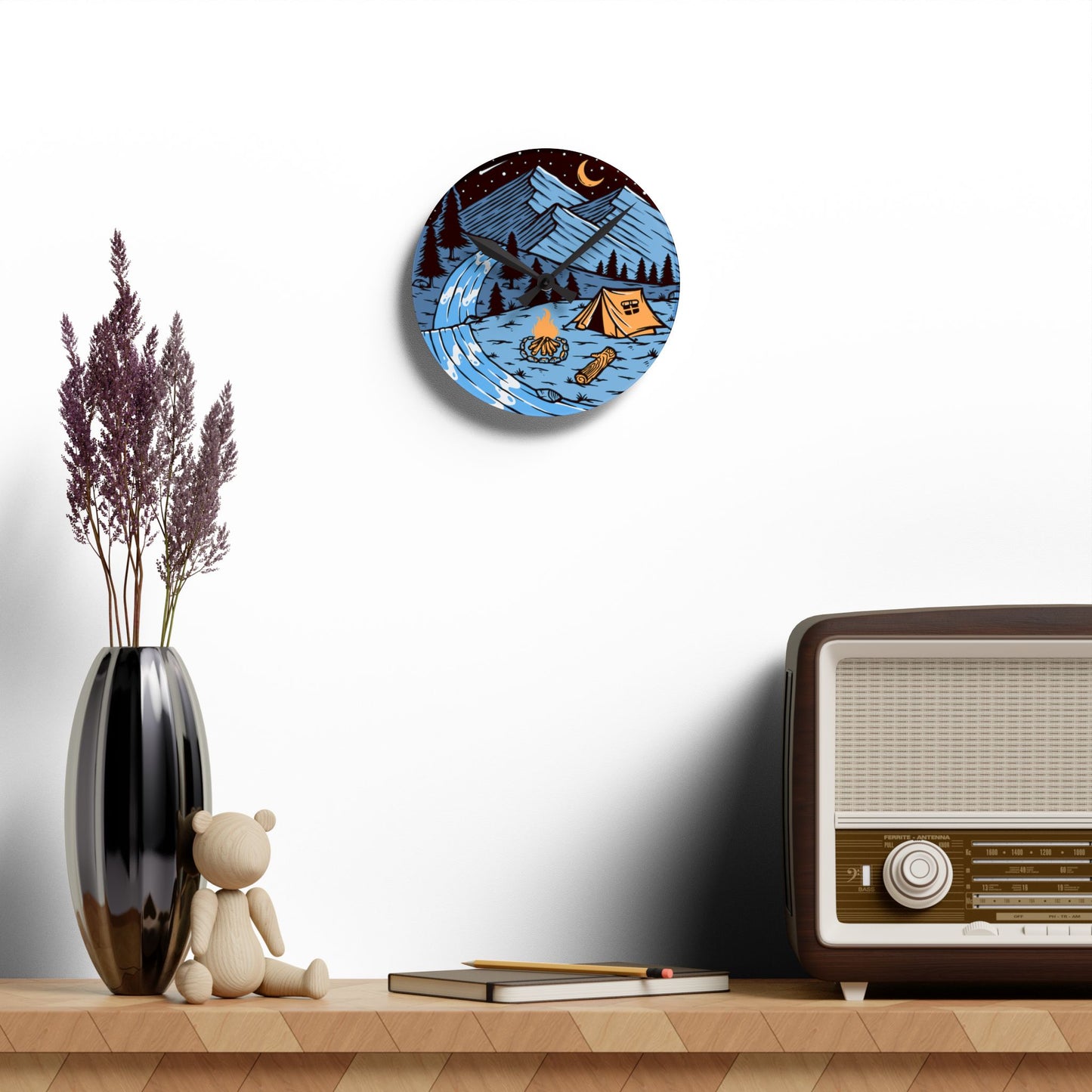 Night Camping Acrylic Wall Clock - Modern Nature Home Decor with River and Campfire Scene