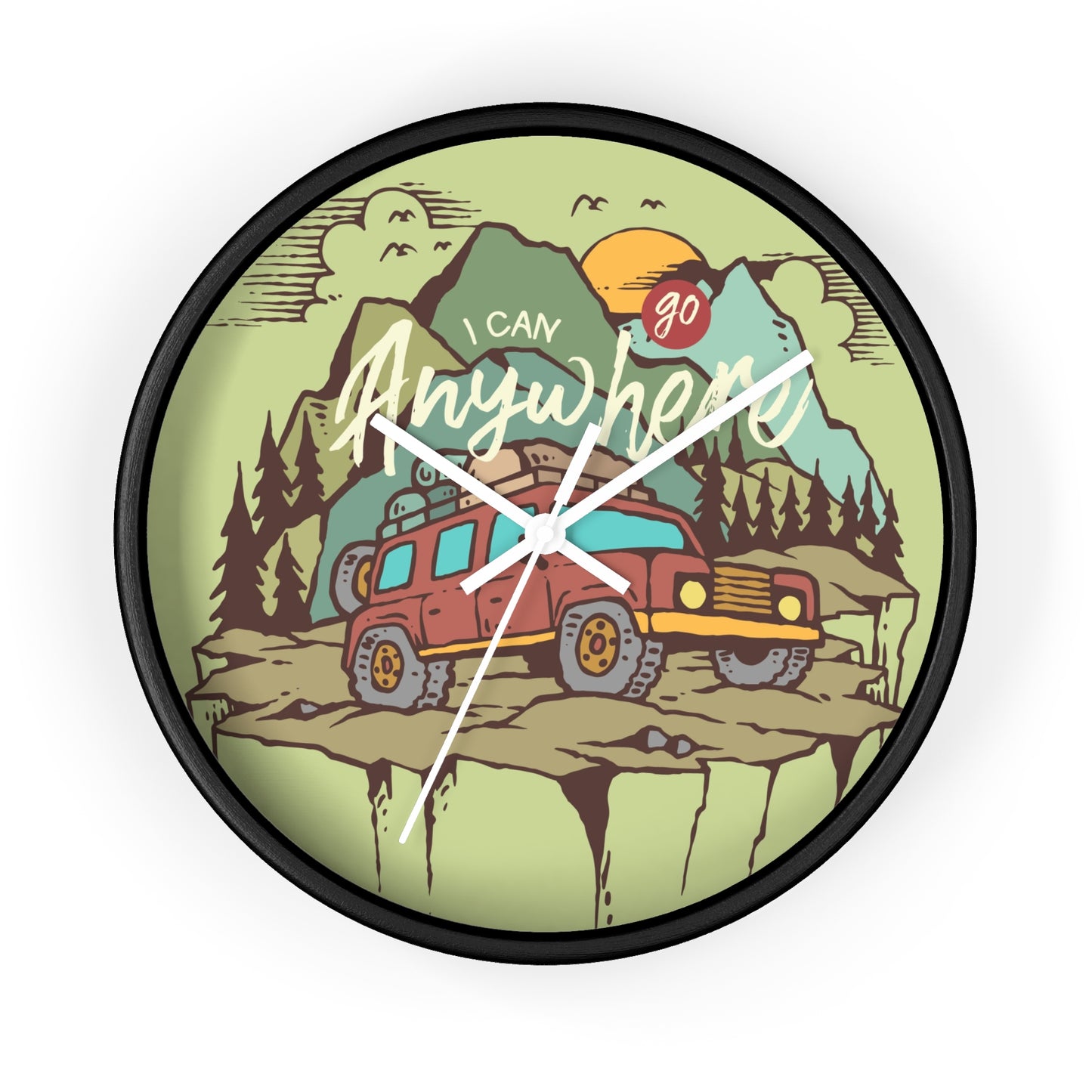 Adventure wall clock – RV camping scene, black frame, white hands