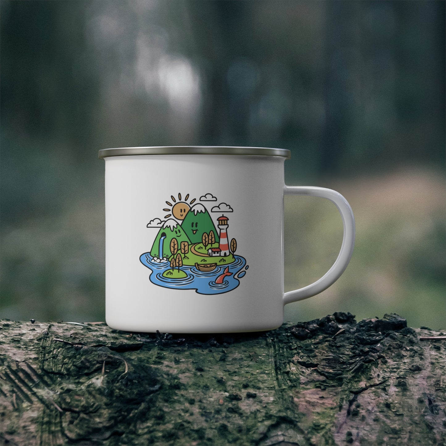 Cute Island Enamel Camping Mug - Cozy Coffee Mug for Ocean Lovers, Campfire Mornings & Slow Adventures