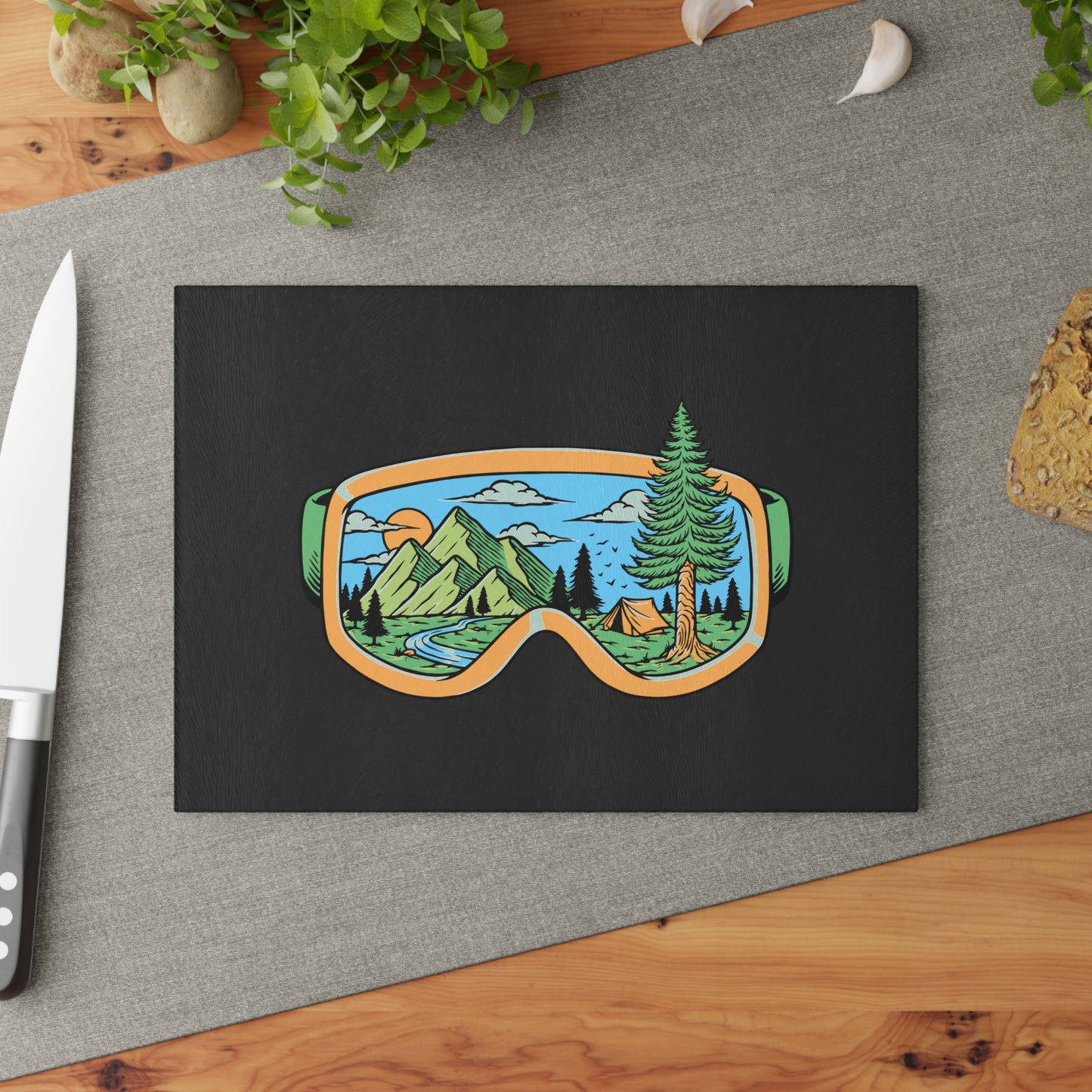 Mountain View Goggles Glass Cutting Board with Camping Nature Scene