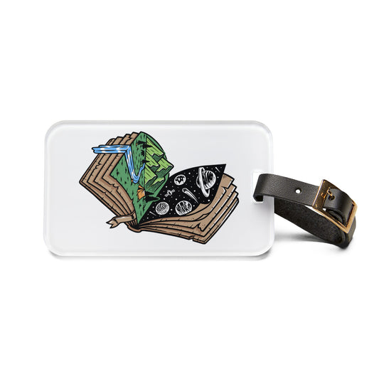Adventure Book Luggage Tag - Travel Bag Tag with Mountains, River & Night Sky Illustration