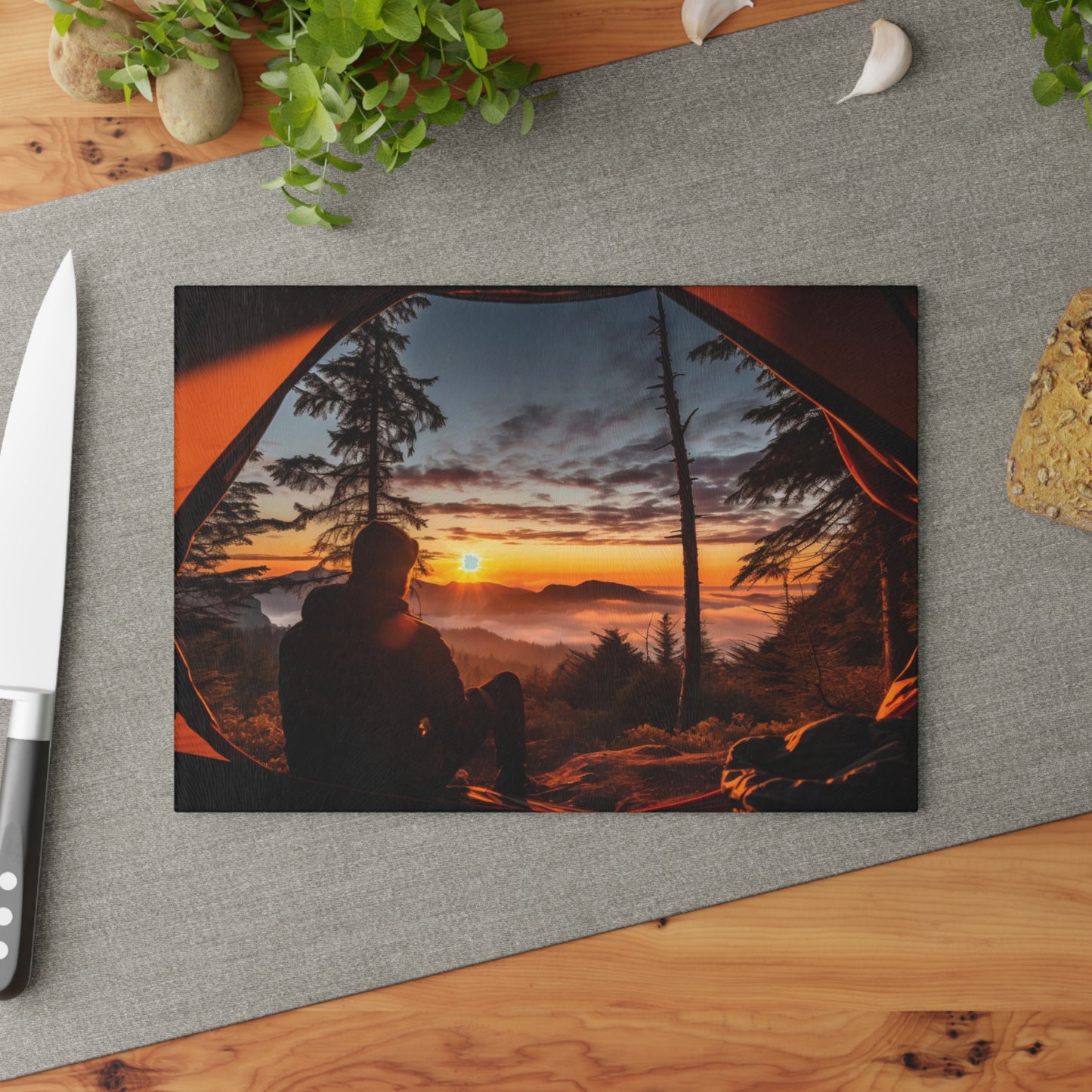 Sunrise Camping View Glass Cutting Board with Mountain Nature Scene