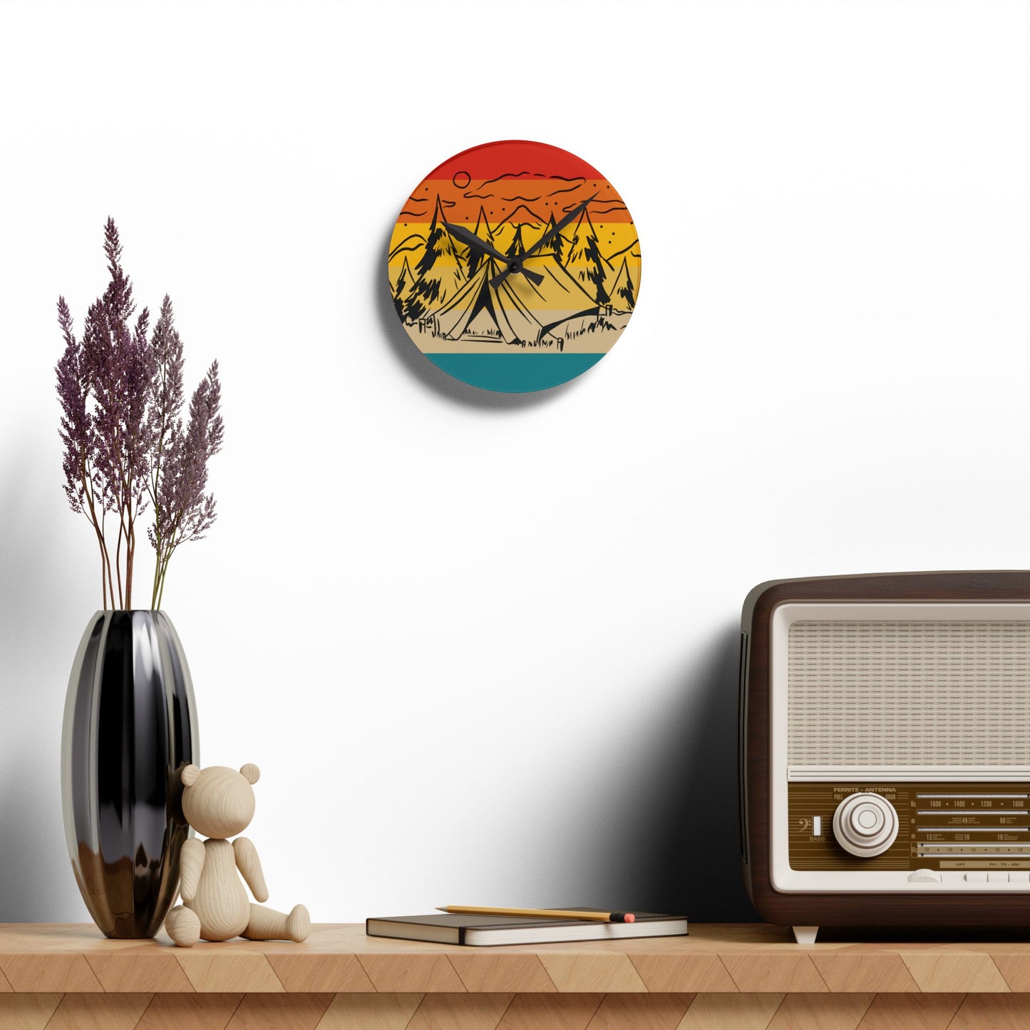 Sunset Camping Acrylic Wall Clock - Modern Nature Home Decor with Minimal Outdoor Art