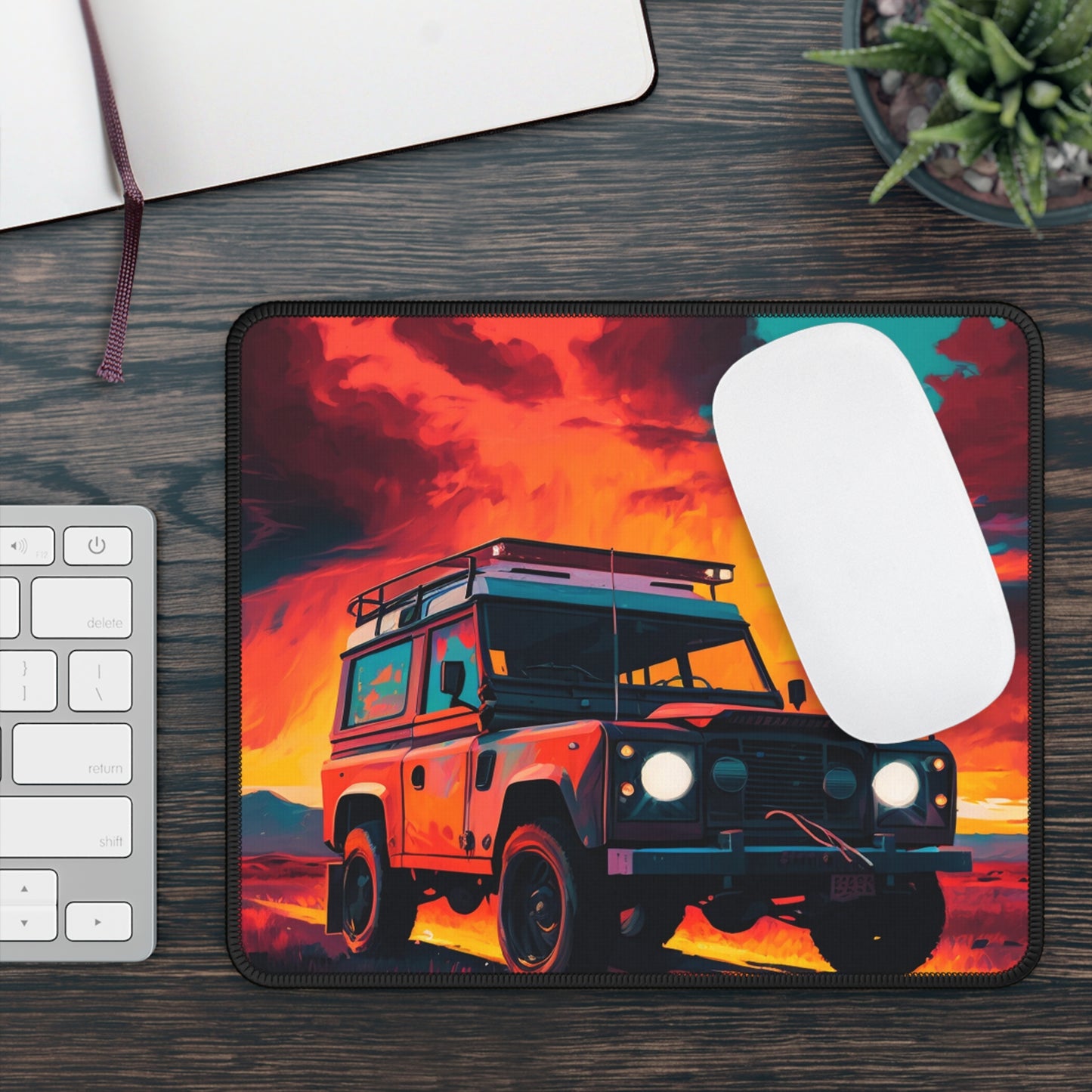 Desert Blaze Mouse Pad – Red Off-Road SUV in Sunset Storm
