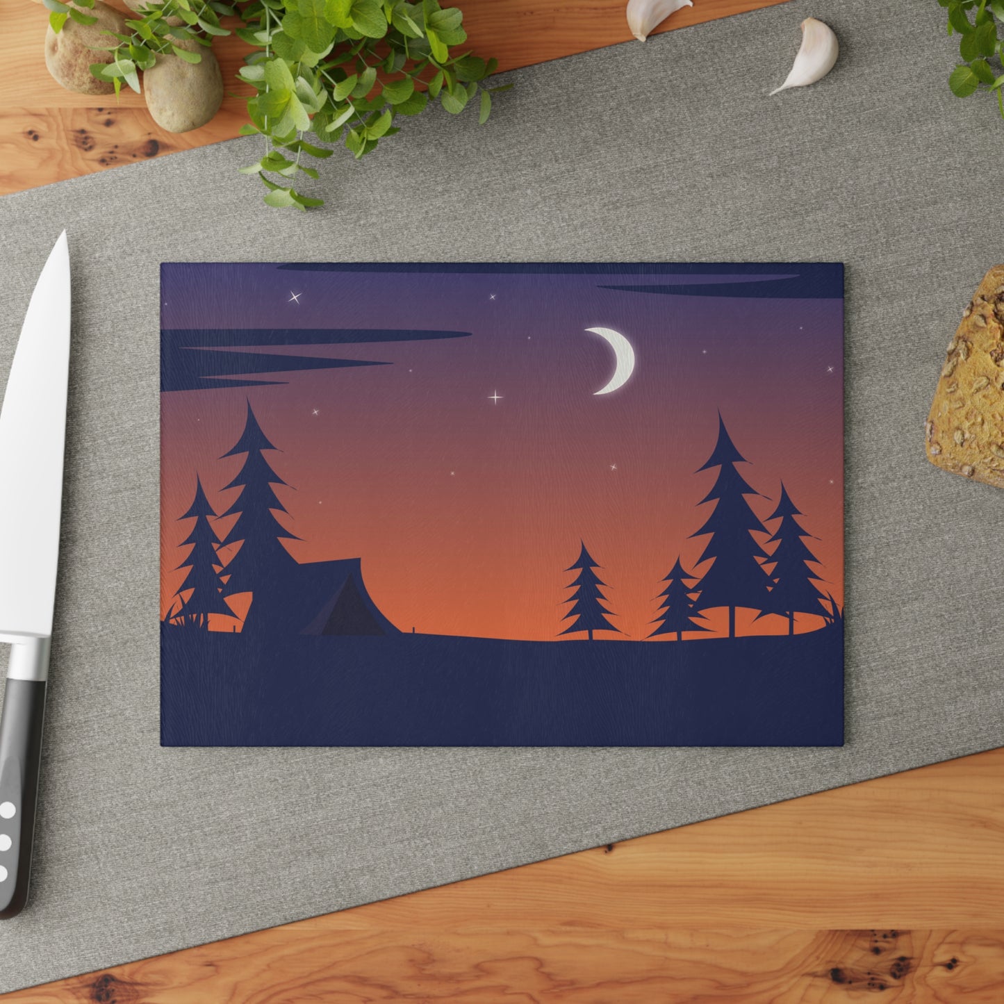 Night Camping Glass Cutting Board - Minimalist Forest & Moon Kitchen Board for Outdoor Lovers