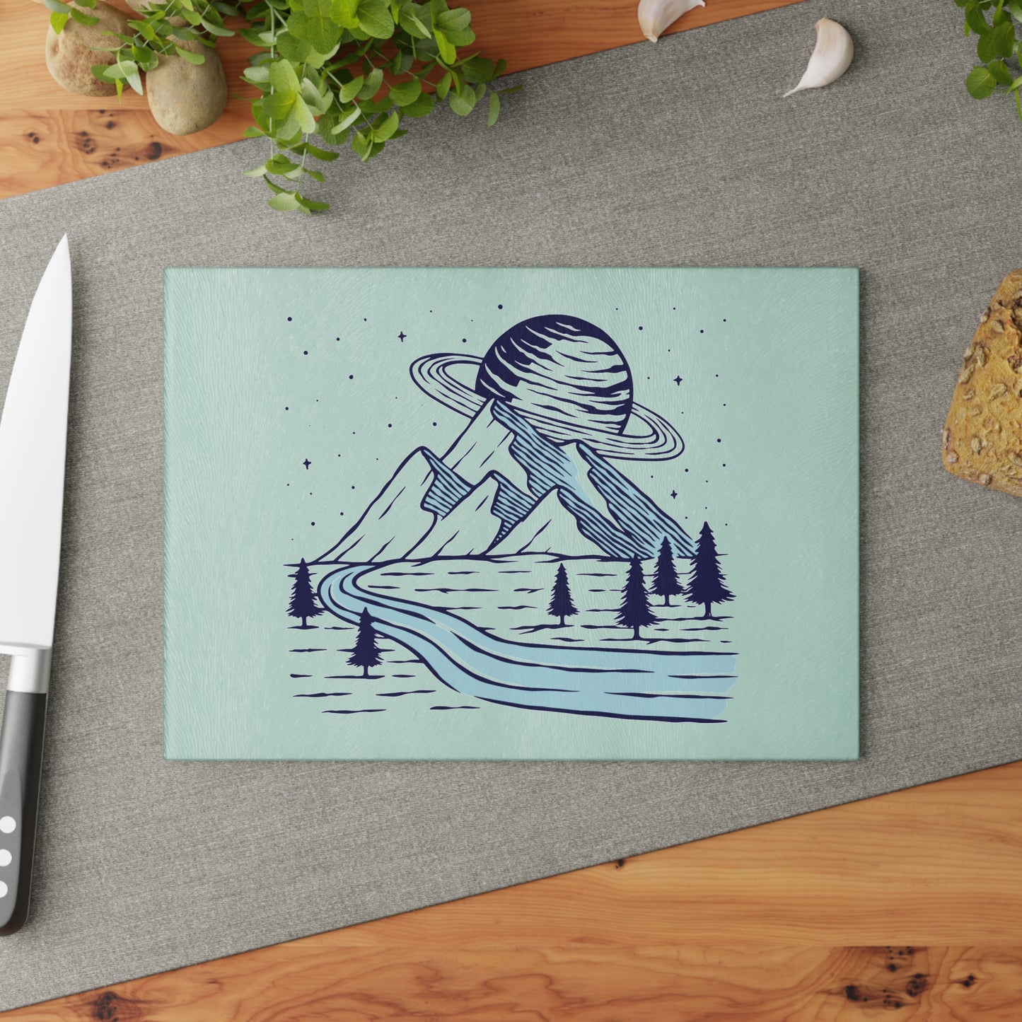 Cosmic Mountain River Glass Cutting Board with Night Nature Illustration