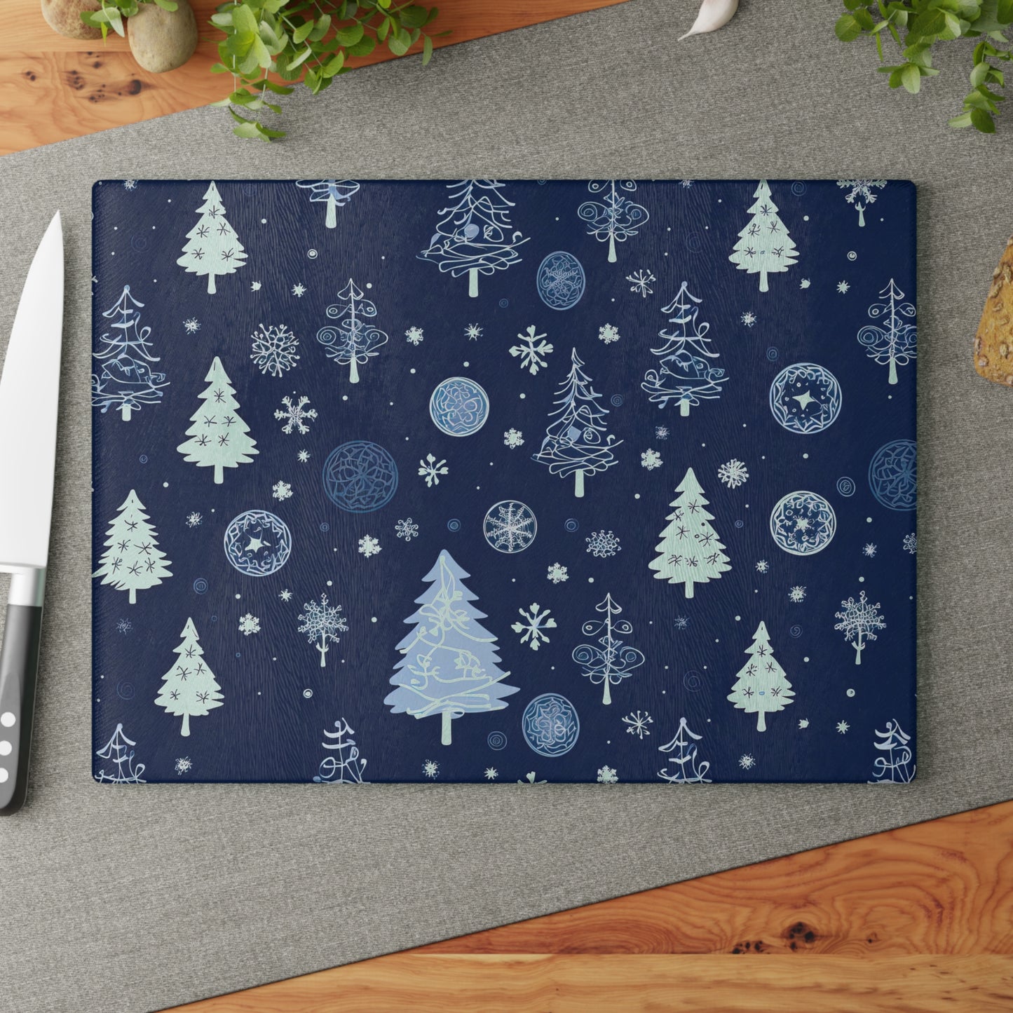 Winter Forest Pattern Glass Cutting Board - Cozy Holiday Kitchen Board, Snowy Tree Design