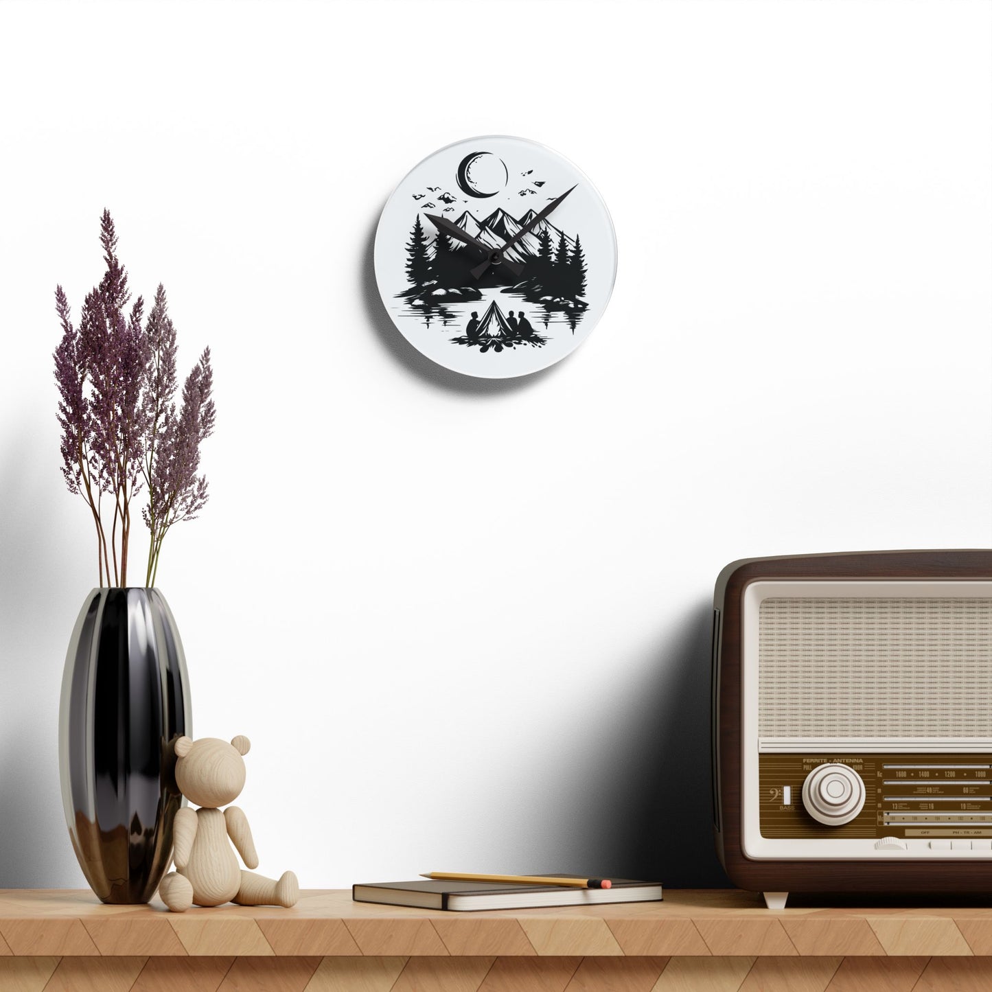 Minimal Night Camping Acrylic Wall Clock - Black and White Nature Home Decor