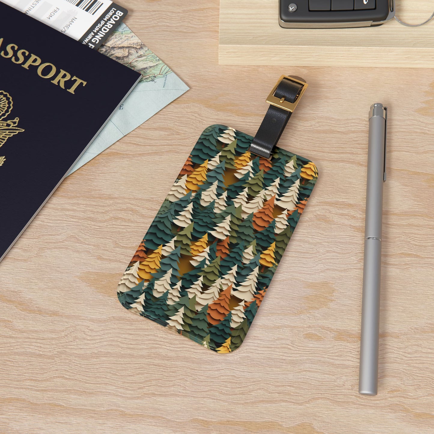 Forest Pattern Luggage Tag with Minimal Nature Tree Design