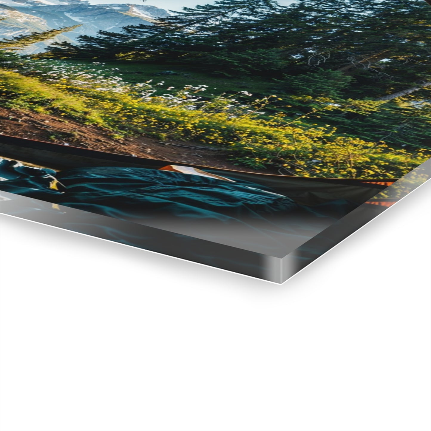 Mountain View from Tent Acrylic Wall Art – Adventure Landscape Print