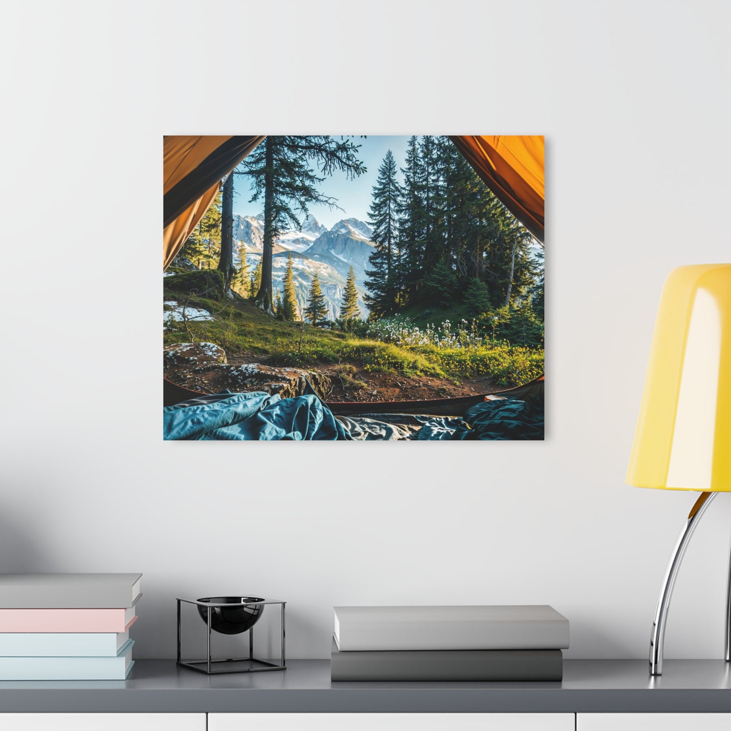 Mountain View from Tent Acrylic Wall Art – Adventure Landscape Print