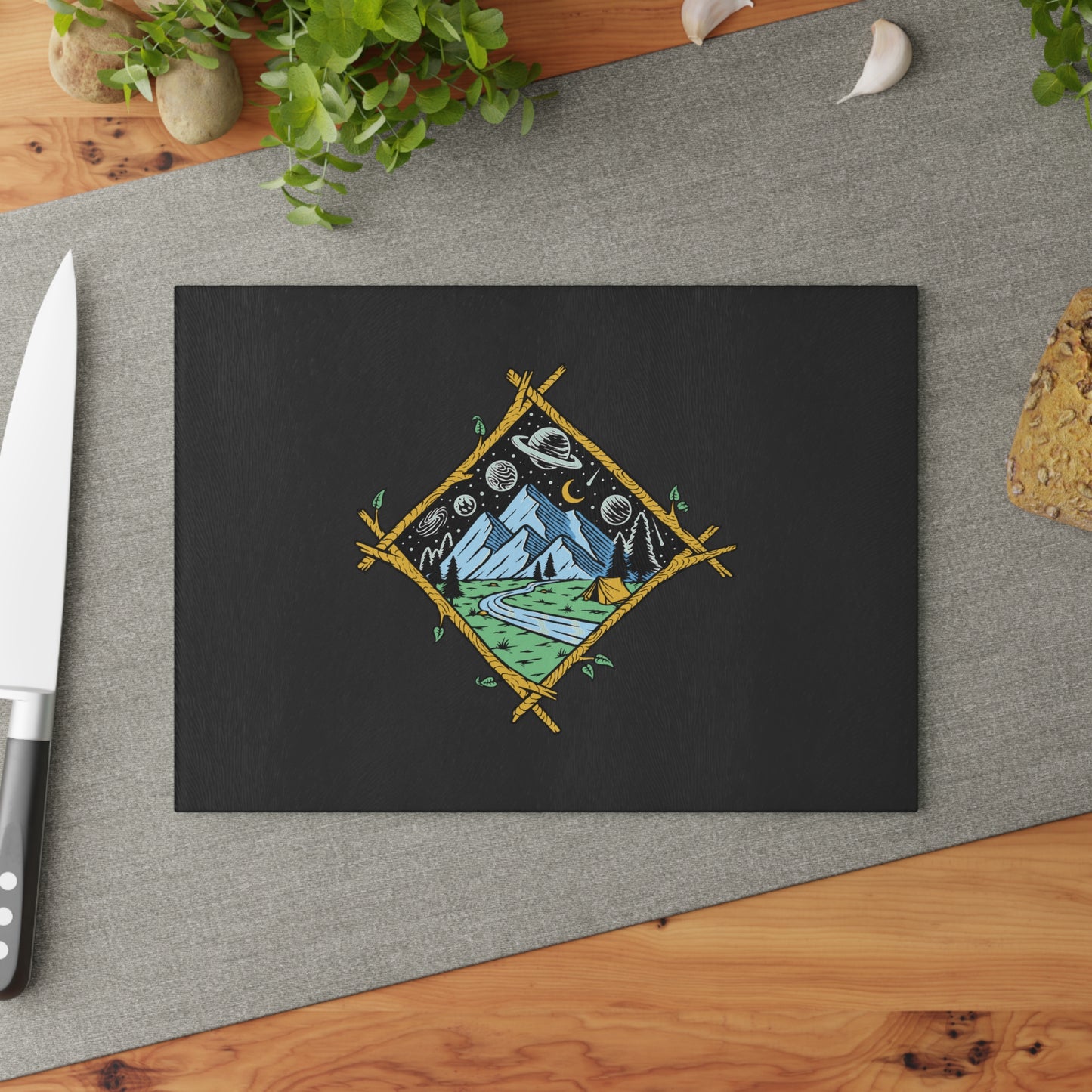 Cosmic Mountain Frame Glass Cutting Board with Camping Night Illustration
