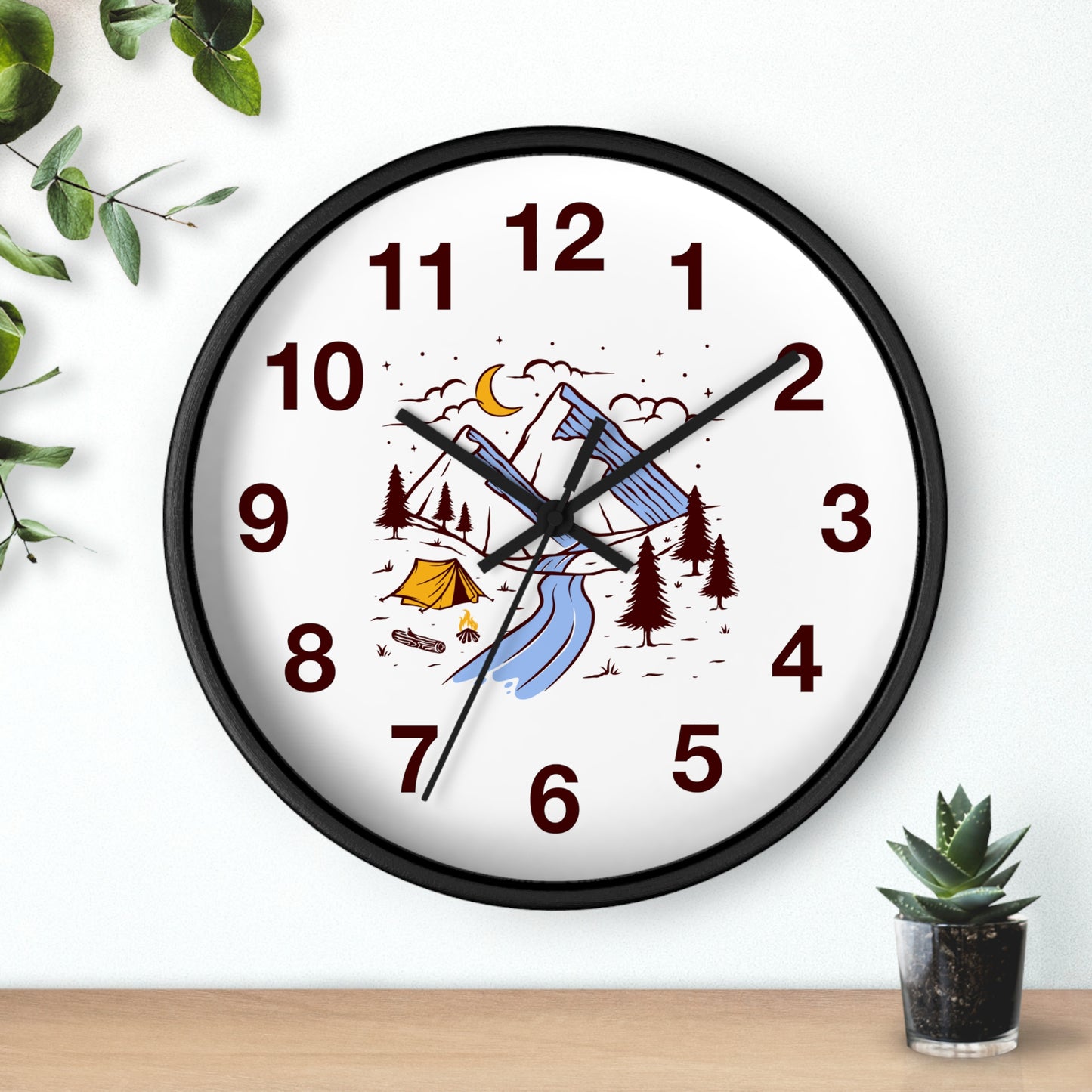 Mountain Camping Night Wall Clock with Forest and River Illustration