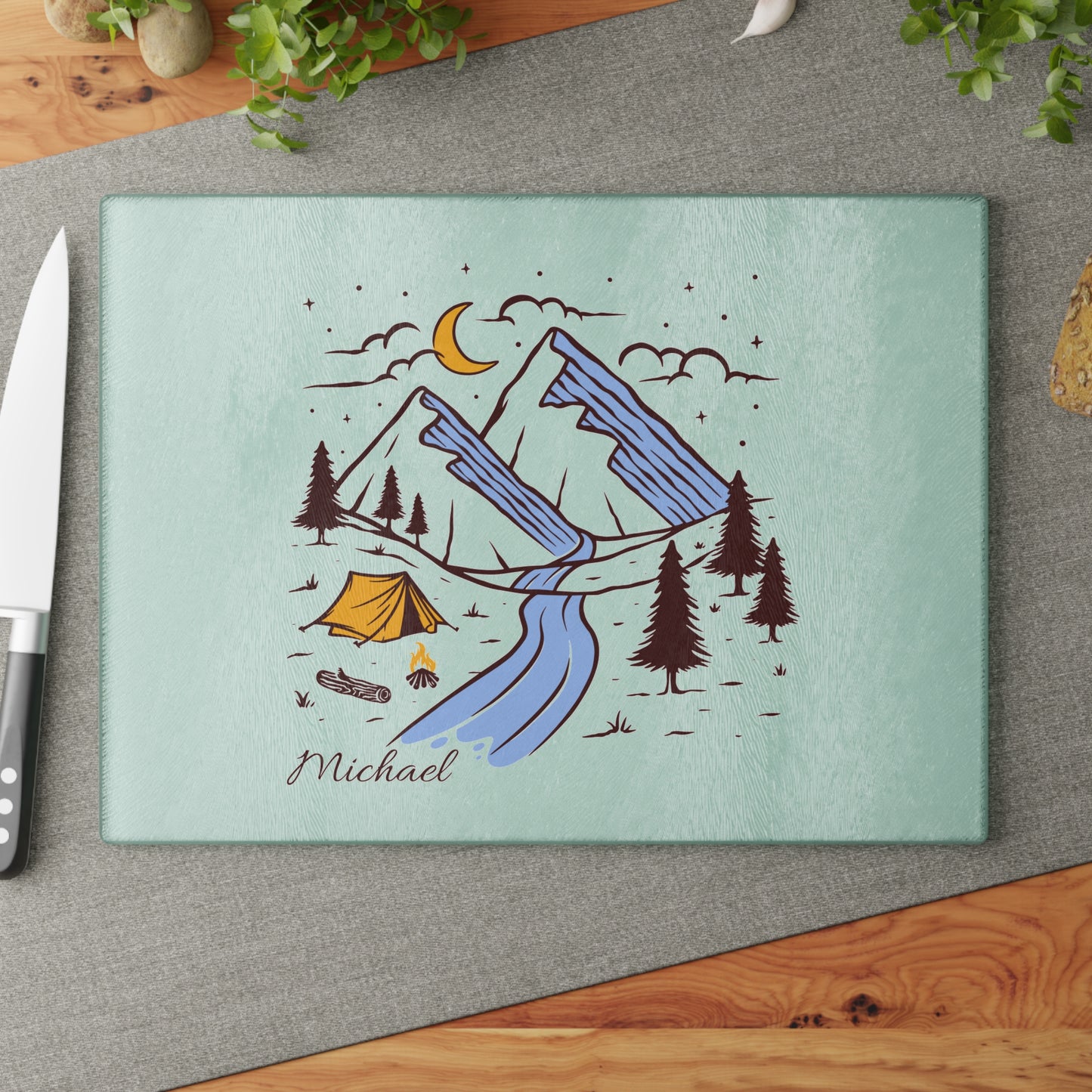 Personalized Moonlit Camping Cutting Board - Custom Name Mountain Night Scene Gift