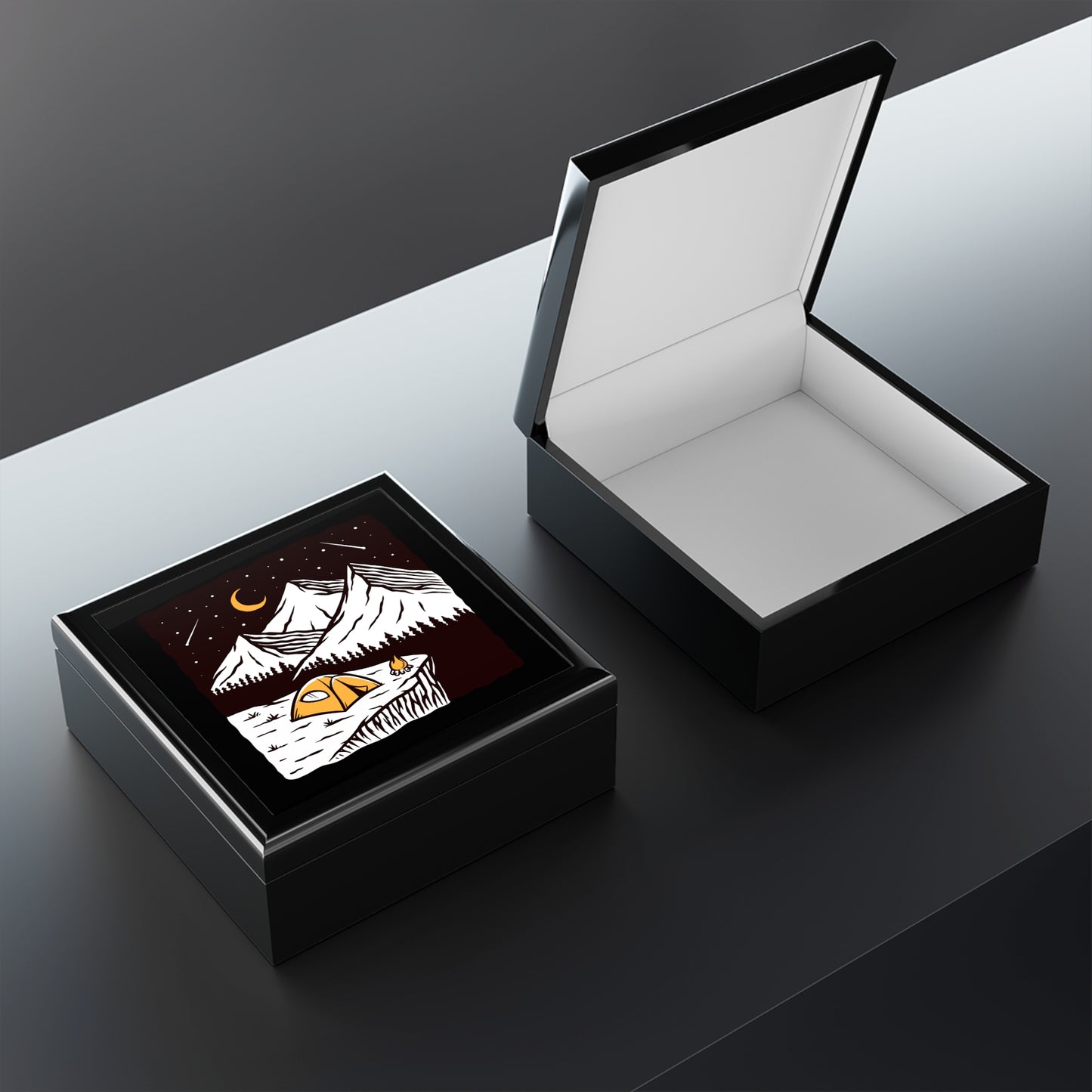 Night Camping Jewelry Box - Mountain Tent Under Stars, Adventure Inspired Keepsake Box