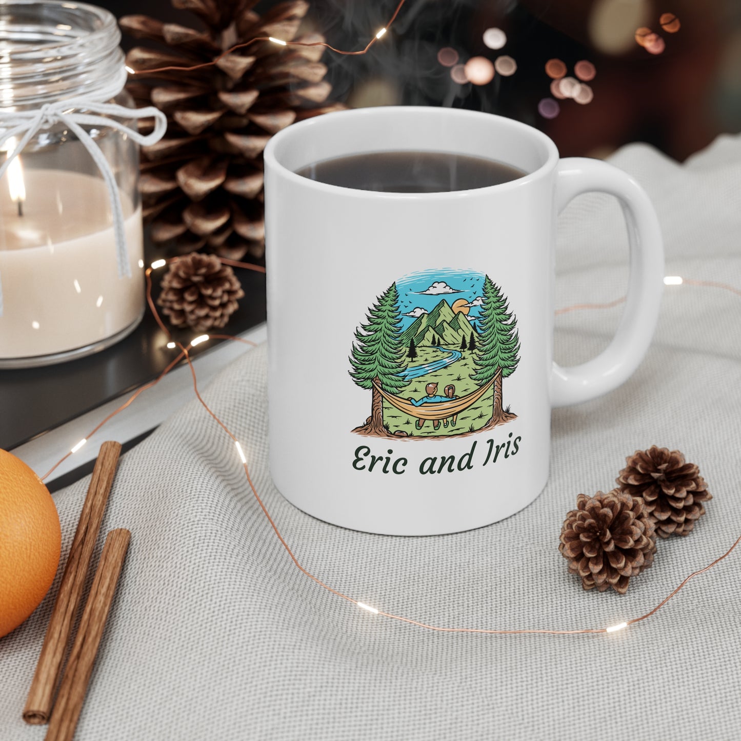 Personalized Hammock Mountain Mug - Custom Couple Names Nature Coffee Cup