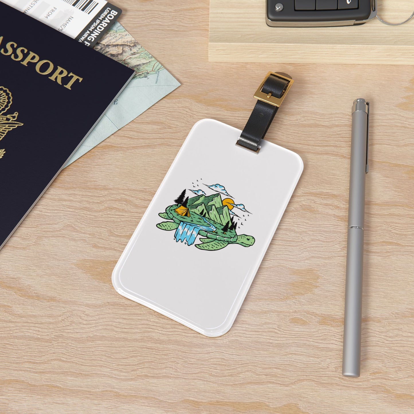 Adventure Turtle Luggage Tag - Nature Travel Bag Tag with Mountain & Camping Illustration for Explorers