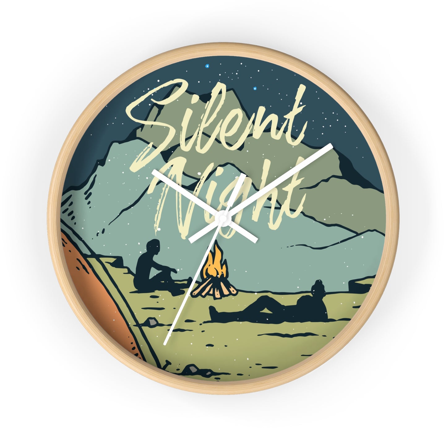 Camping wall clock – two people near fire, wood frame white hands