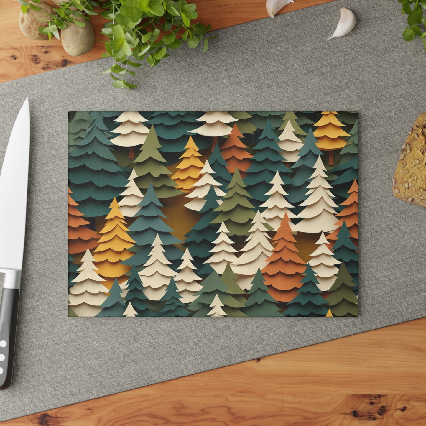 Autumn Forest Glass Cutting Board – Artistic Tree Design Kitchen Board