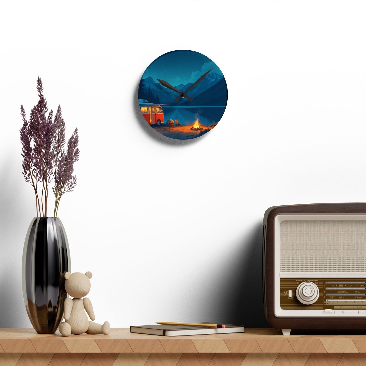 Van Life Night Lake Acrylic Wall Clock - Modern Nature Home Decor with Campfire Scene