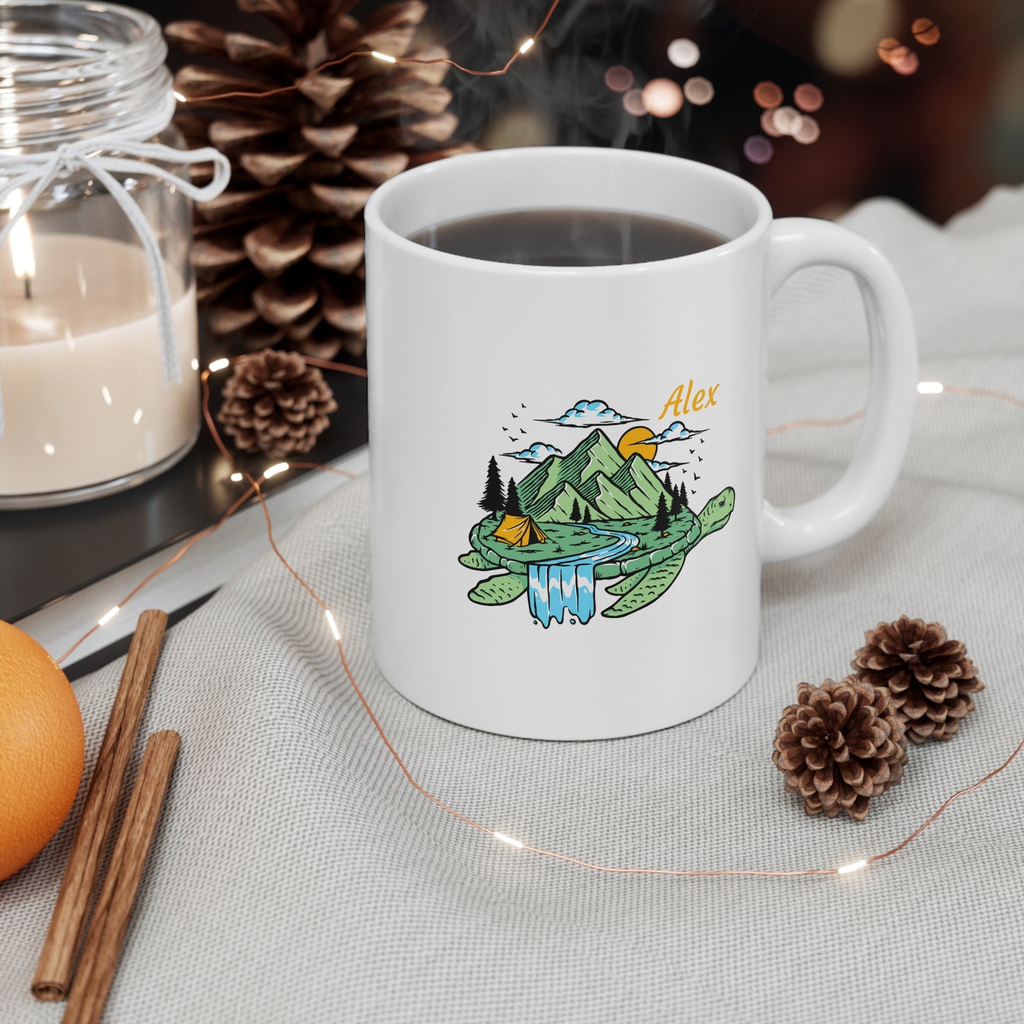 Personalized Turtle Nature Mug - Custom Name Mountain & River Illustration Coffee Cup