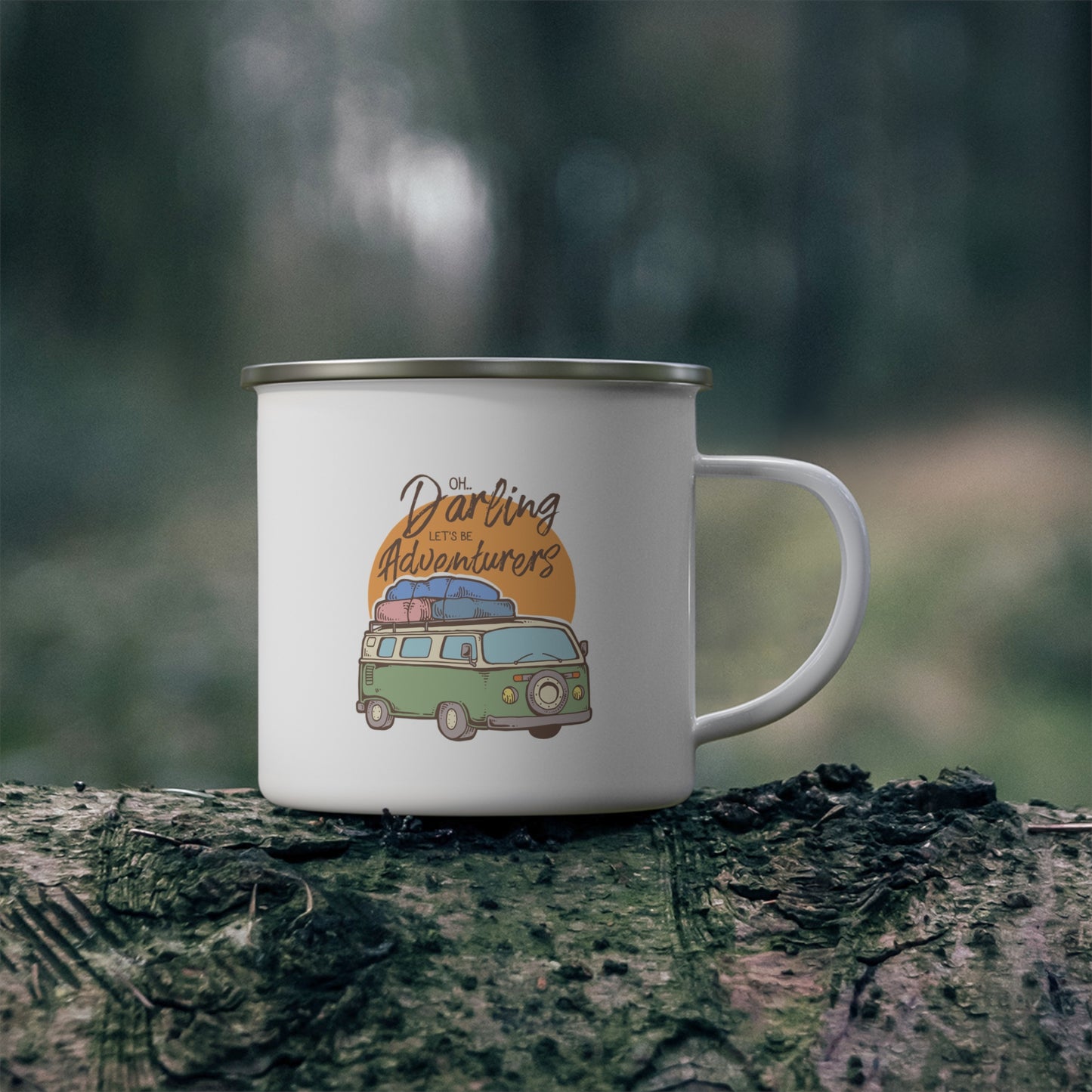 Oh, Darling Lets Be Adventurers Enamel Camping Mug with Van Travel Design