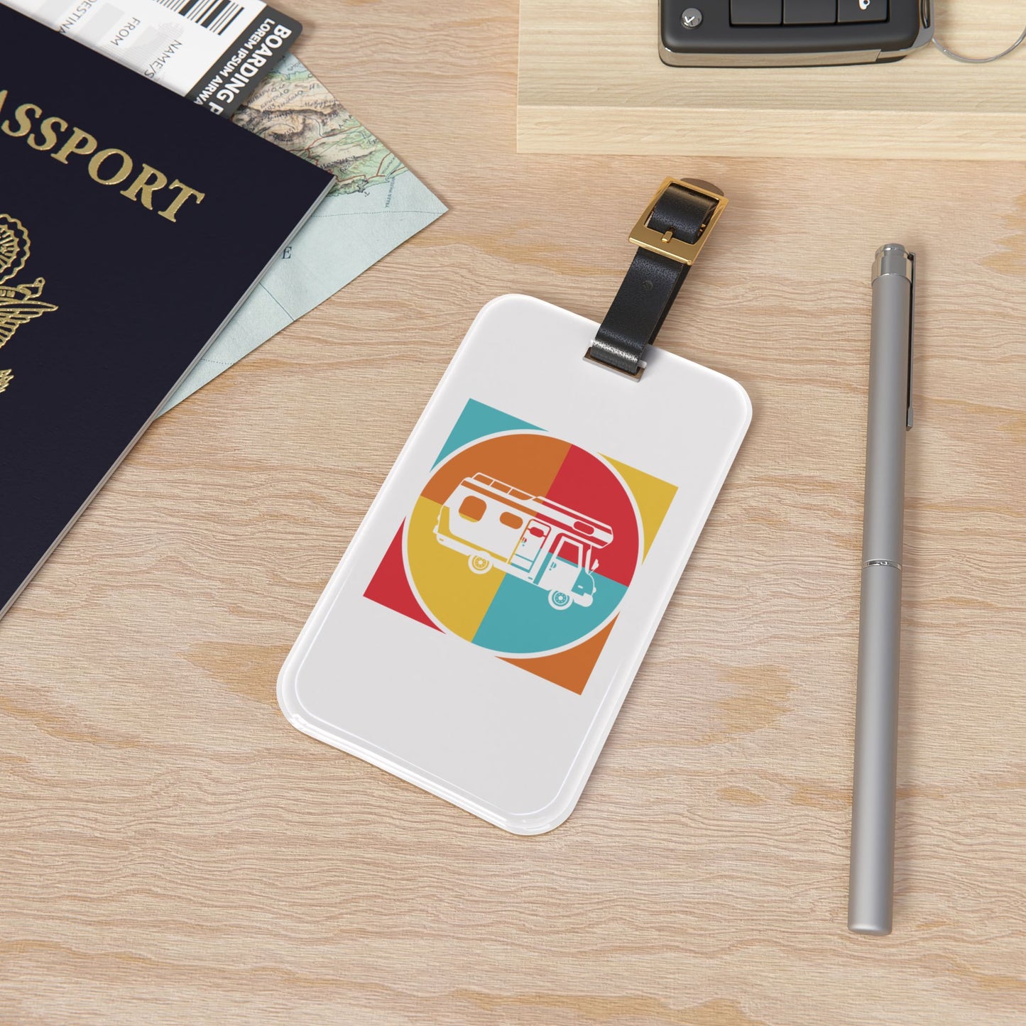 Retro Van Travel Luggage Tag with Minimal Road Trip Design