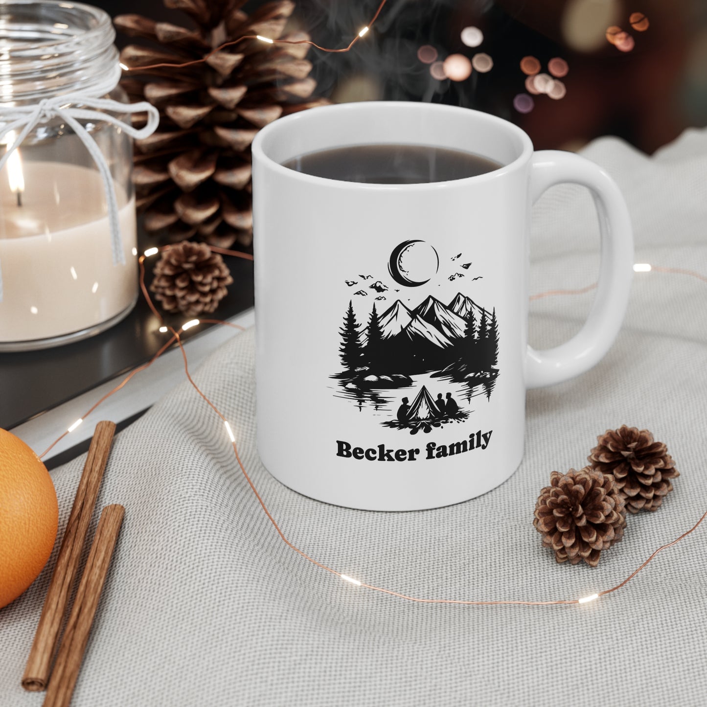 Personalized Family Camping Mug - Custom Surname Night Campfire Mountain Coffee Cup