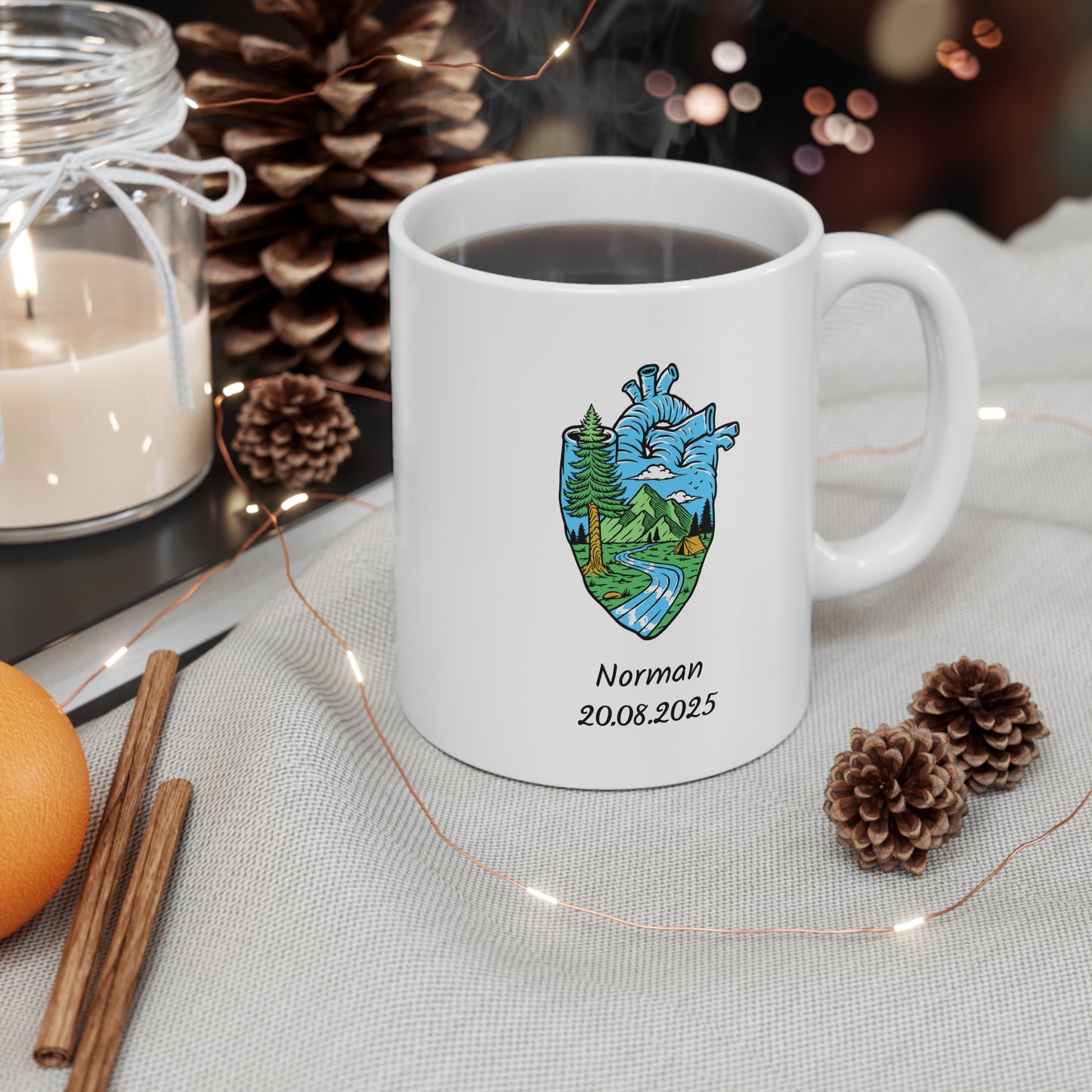 Personalized Anatomical Heart Nature Mug - Custom Name & Date Mountain River Illustration Coffee Cup