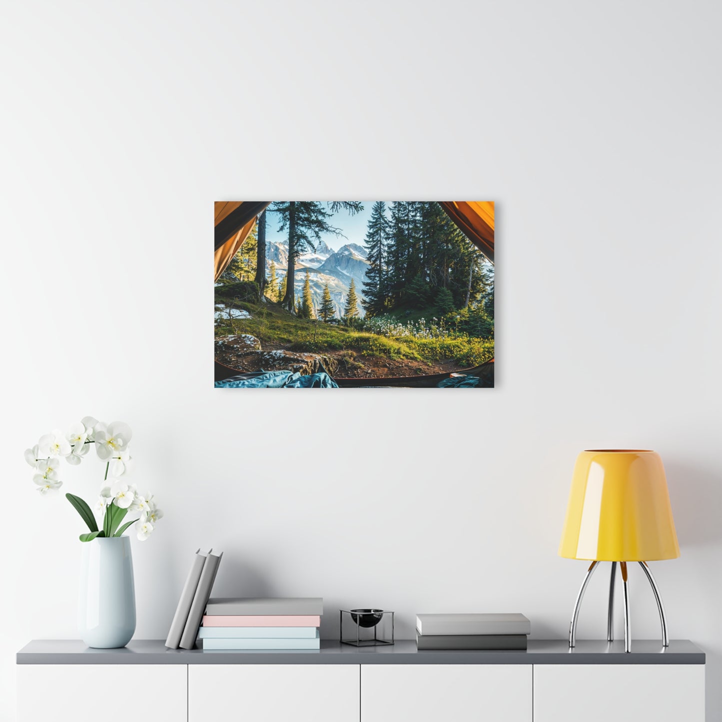 Mountain View from Tent Acrylic Wall Art – Adventure Landscape Print