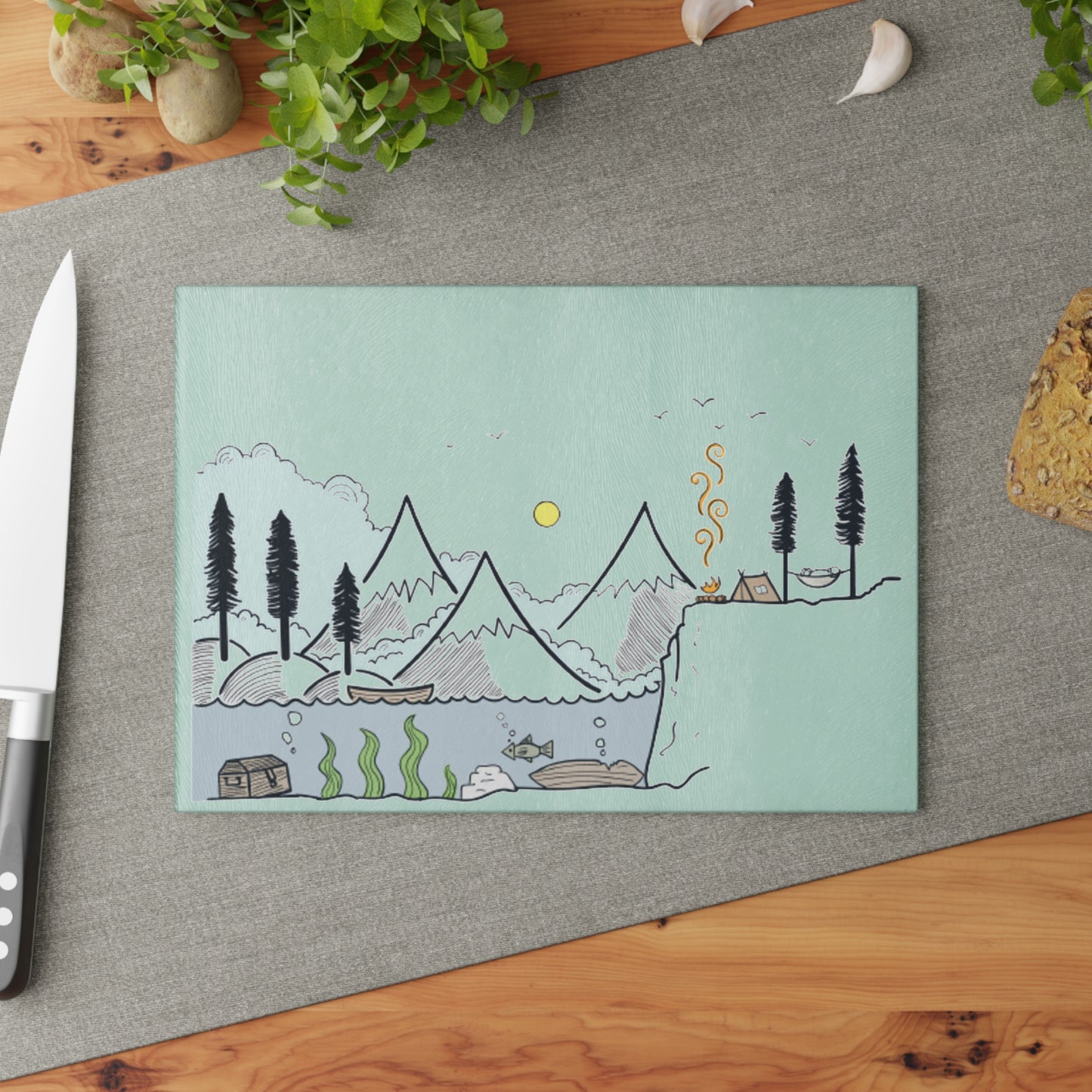 Cozy Mountain Landscape Glass Cutting Board - Calm Nature & Cabin Kitchen Board for Outdoor Lovers