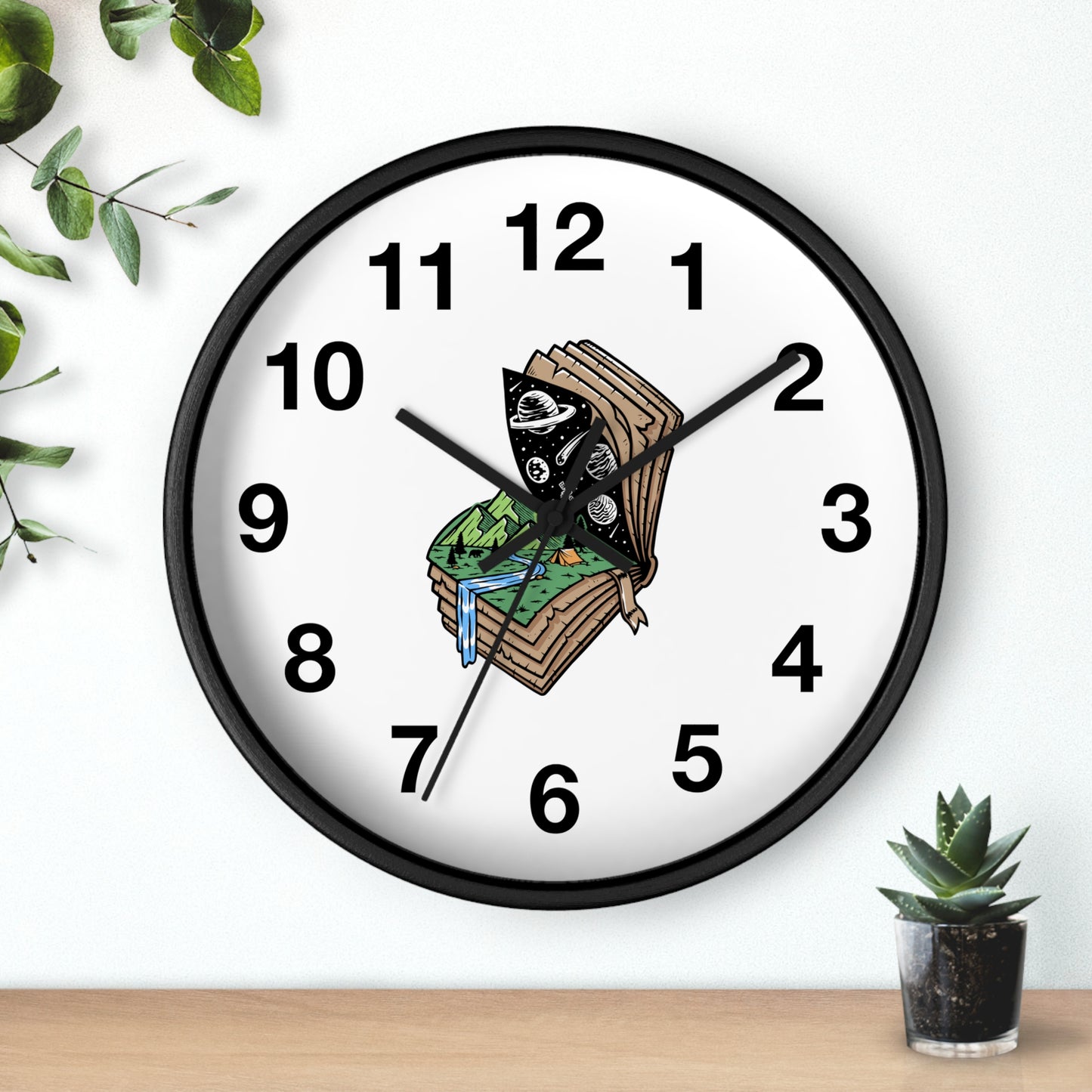 Cosmic Mountain Layers Wall Clock with Nature and Space Illustration