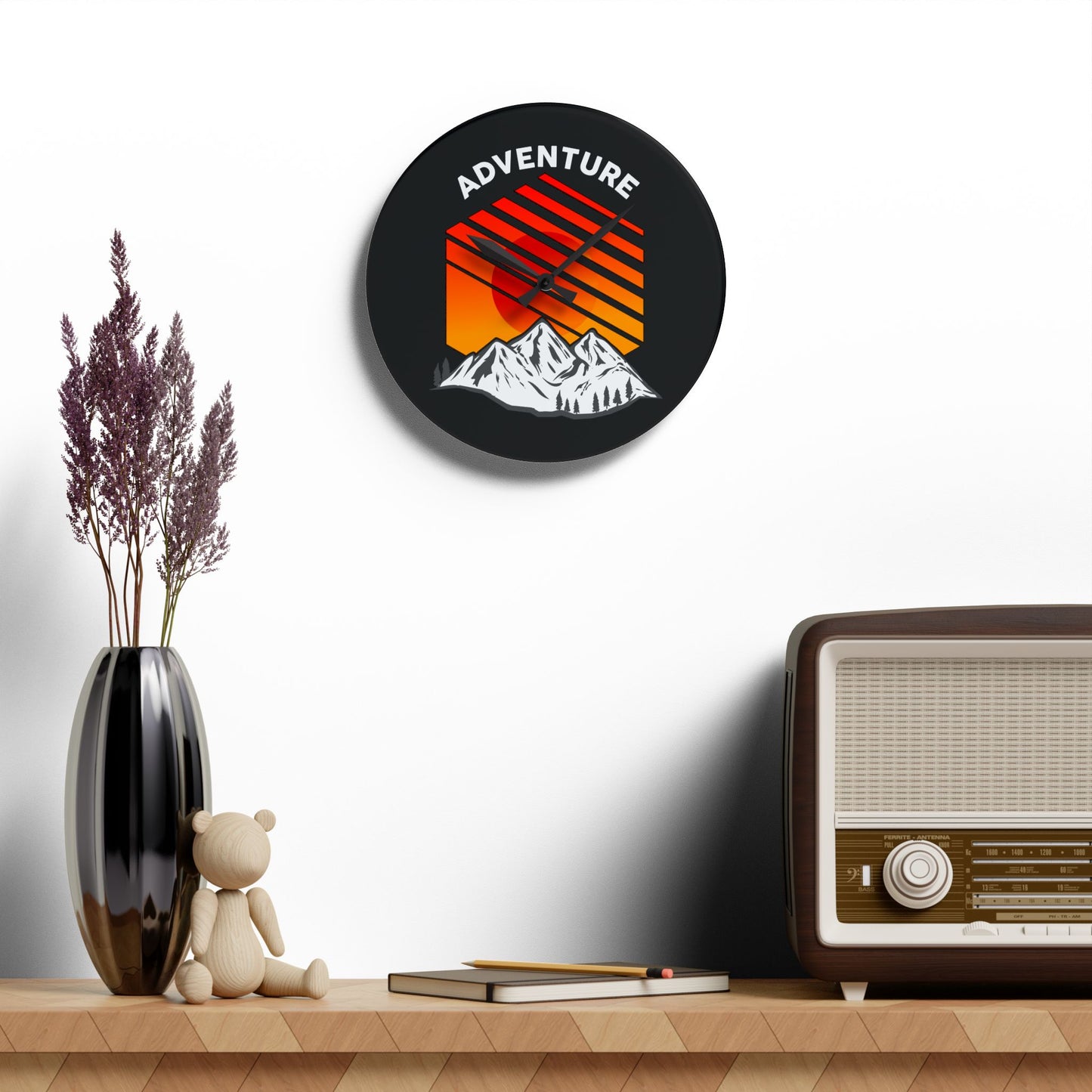 Adventure Acrylic Wall Clock - Modern Mountain Home Decor with Bold Outdoor Design
