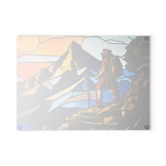 Adventure Hiker Glass Cutting Board - Mountain Explorer Kitchen Board for Outdoor & Travel Lovers