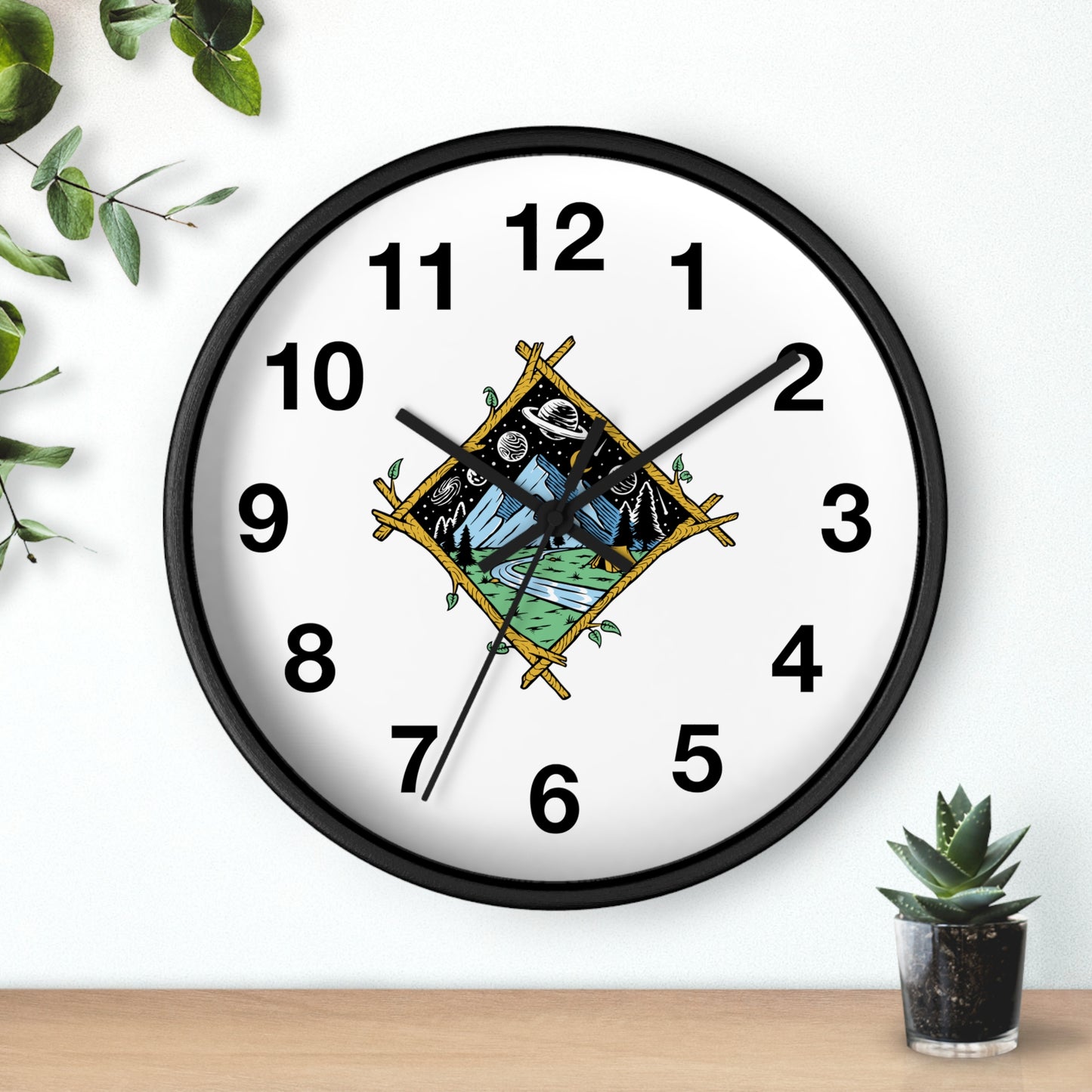 Cosmic Mountain Frame Wall Clock with Night Nature Illustration