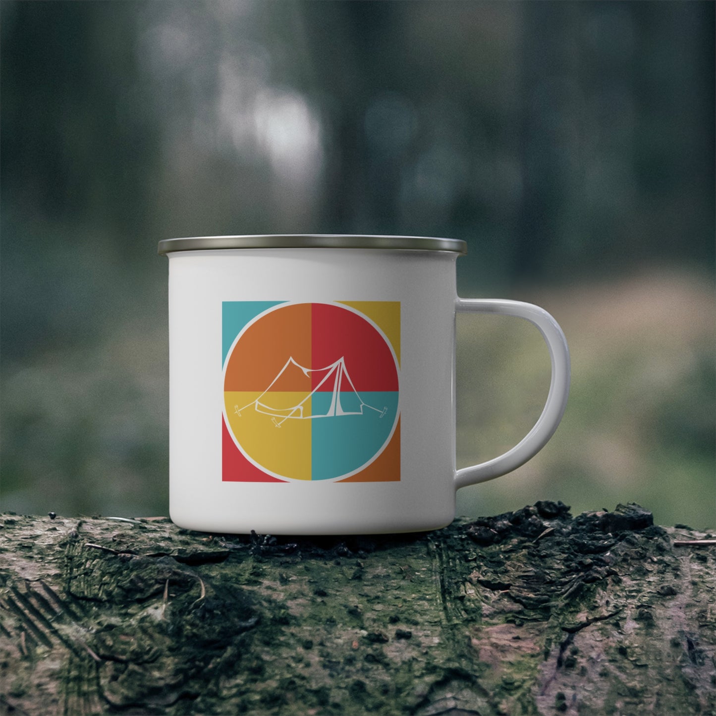 Minimal Camping Enamel Mug with Tent and Mountain Nature Design