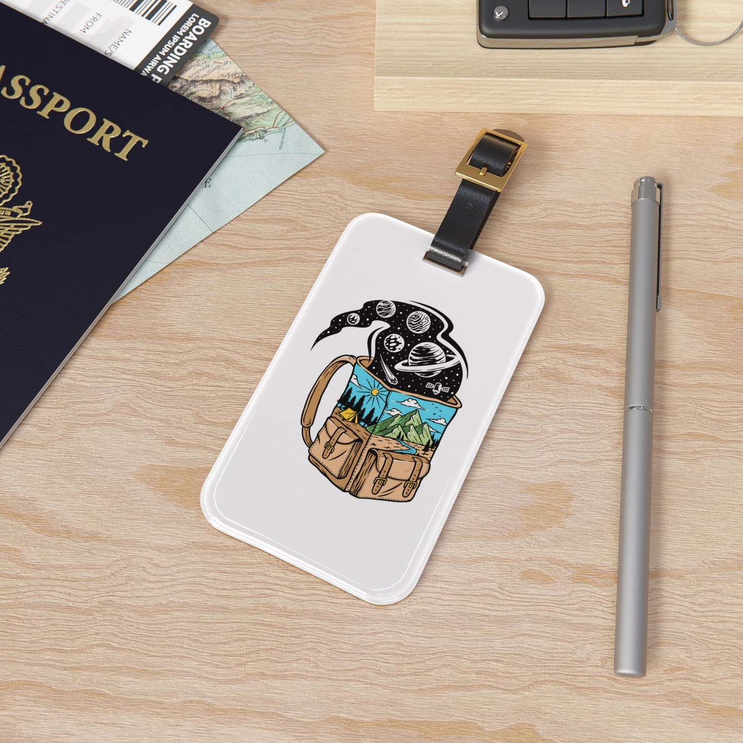 Adventure Backpack Luggage Tag - Travel Bag Tag with Night Sky & Mountain Illustration for Explorers