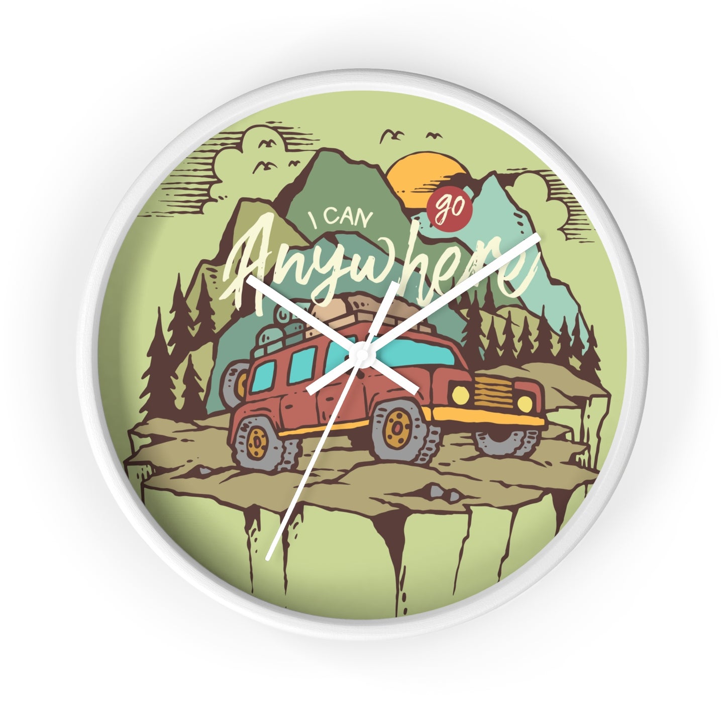 Adventure wall clock – RV camping scene, white frame, white hands
