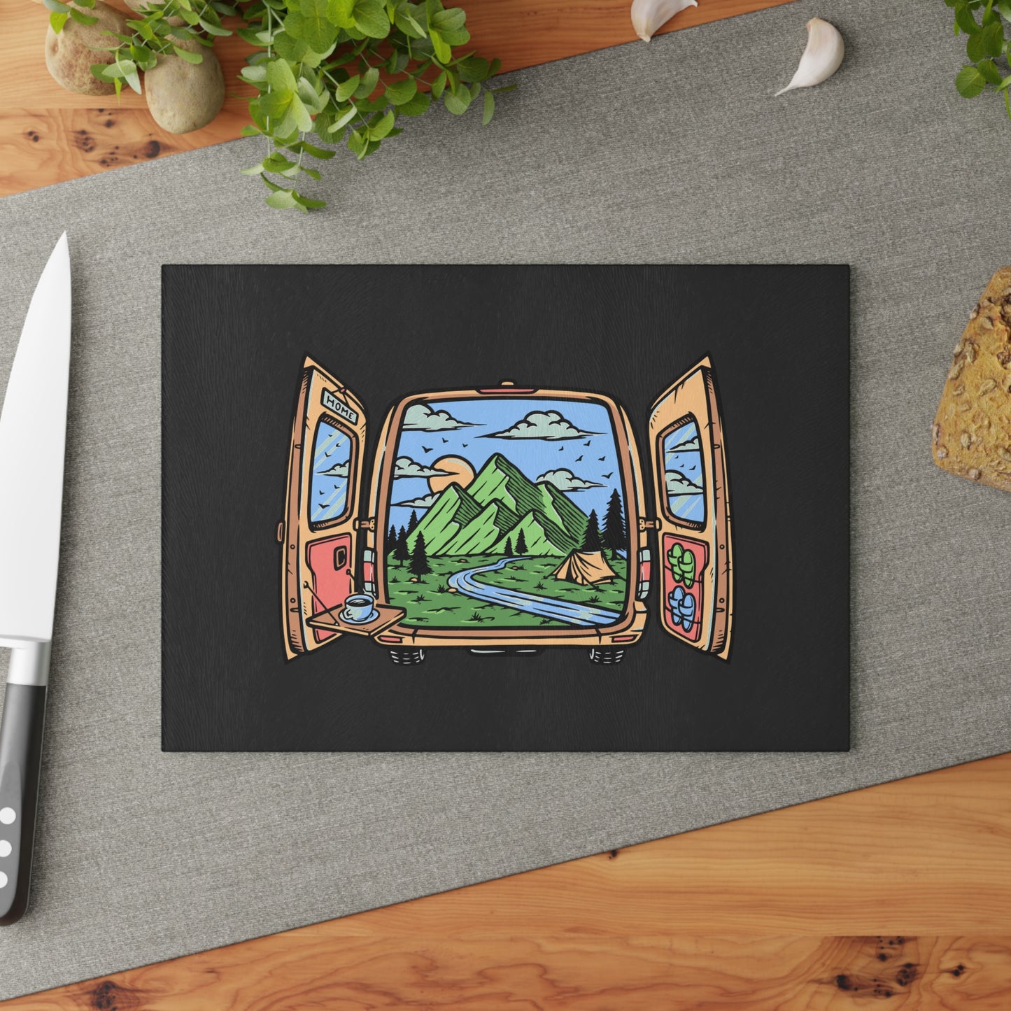 Van Door Mountain View Glass Cutting Board with Camping Nature Scene