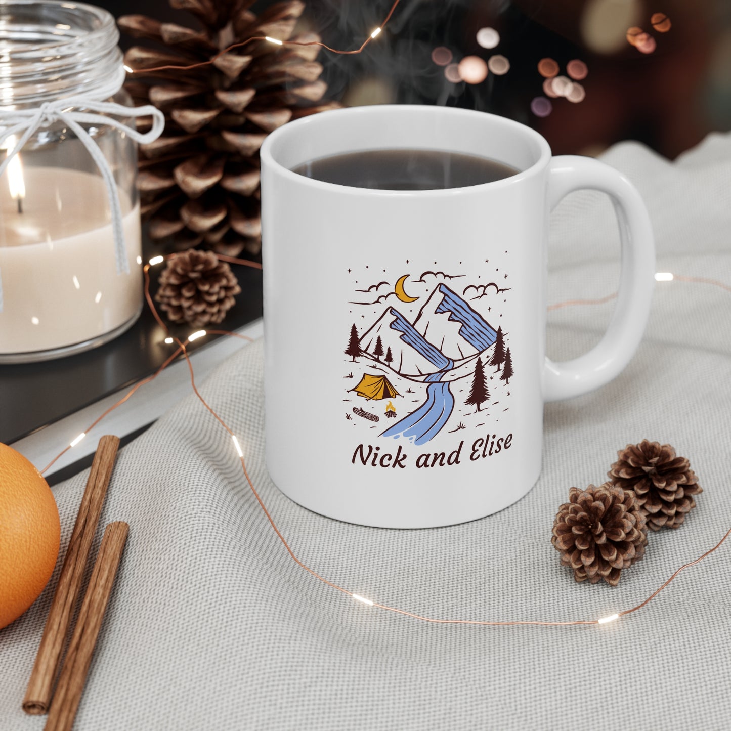 Personalized Couple Camping Mug - Custom Names Mountain River Night Coffee Cup