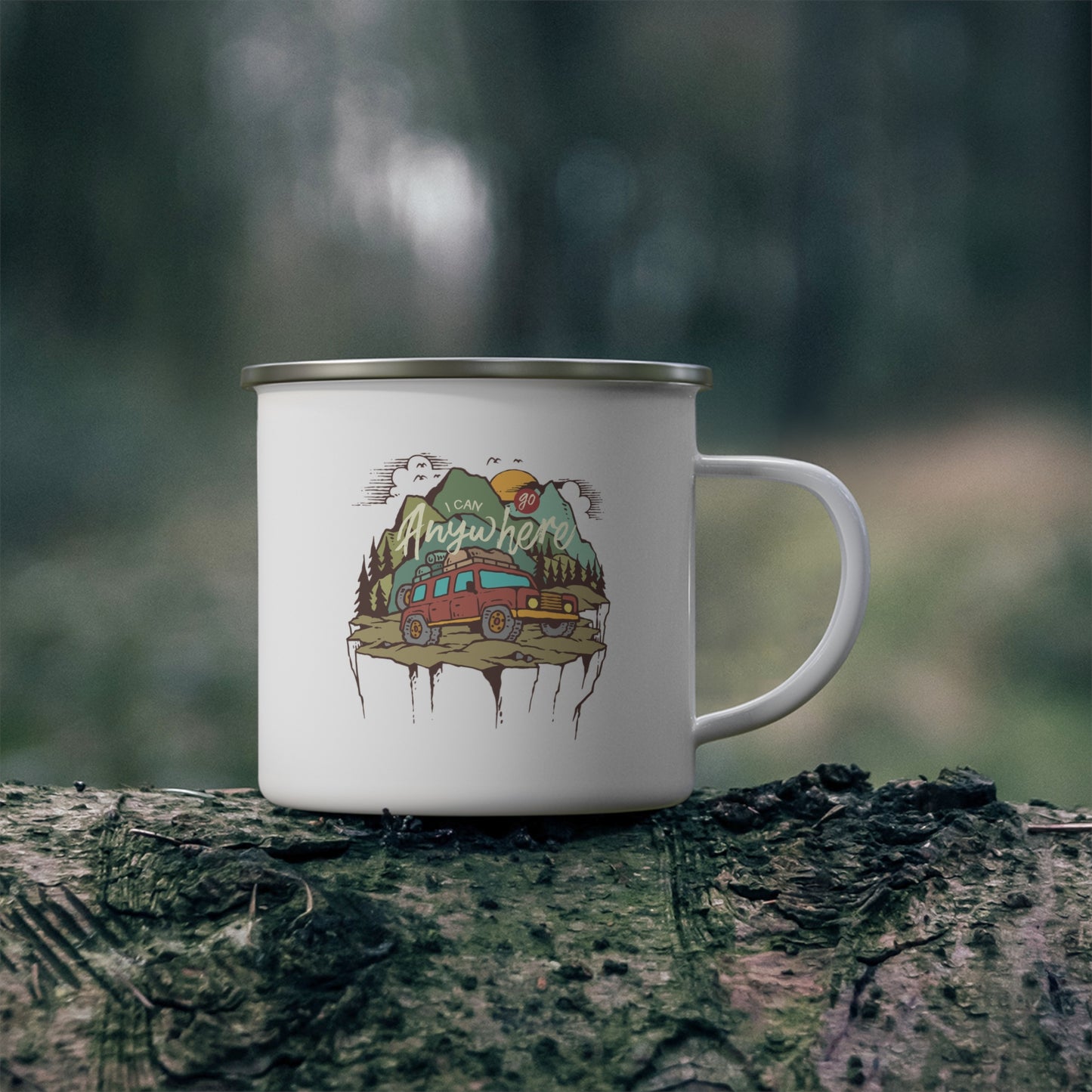 I Can Anywhere Enamel Camping Mug with Van and Mountain Adventure Design