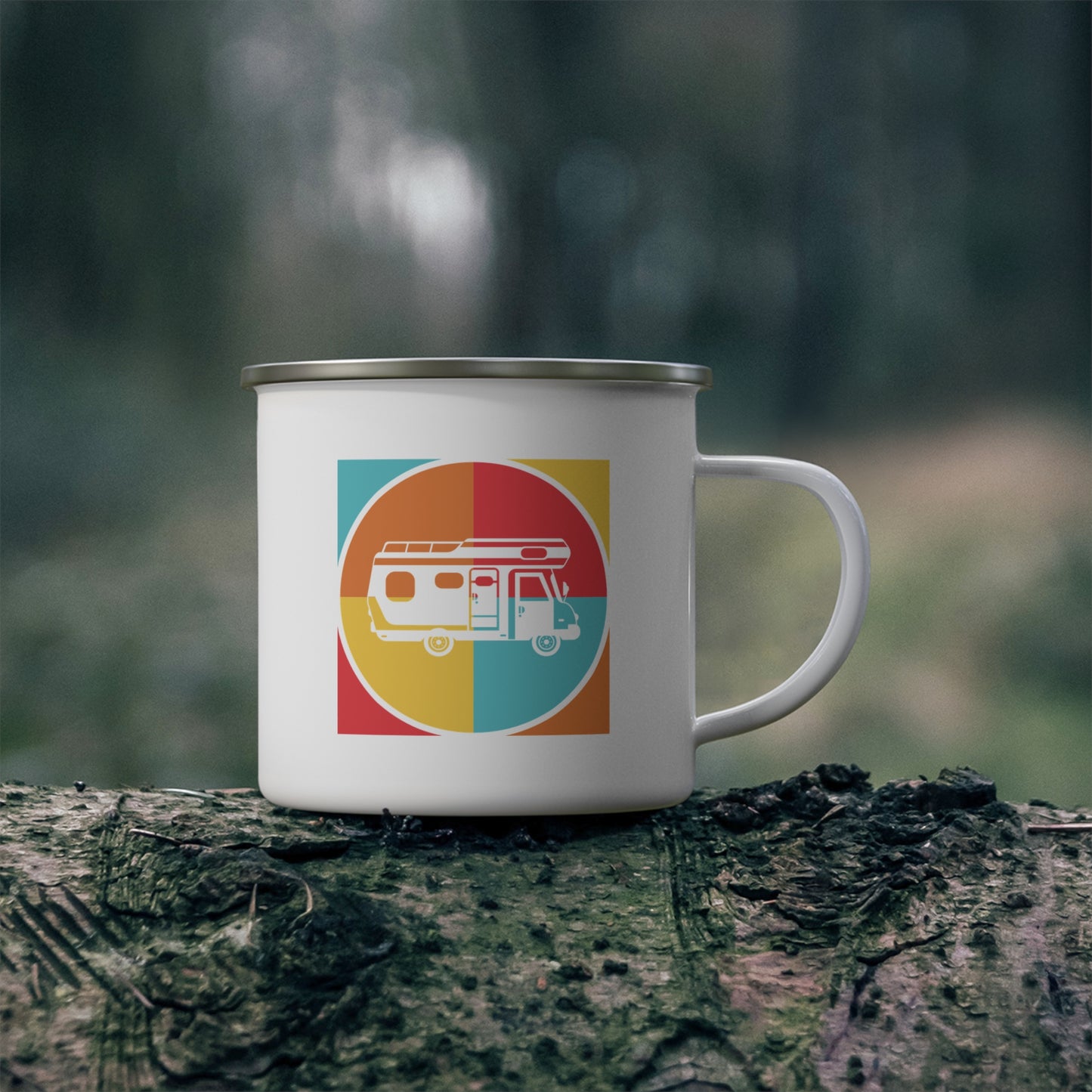 Retro Van Enamel Camping Mug with Minimal Road Trip Design