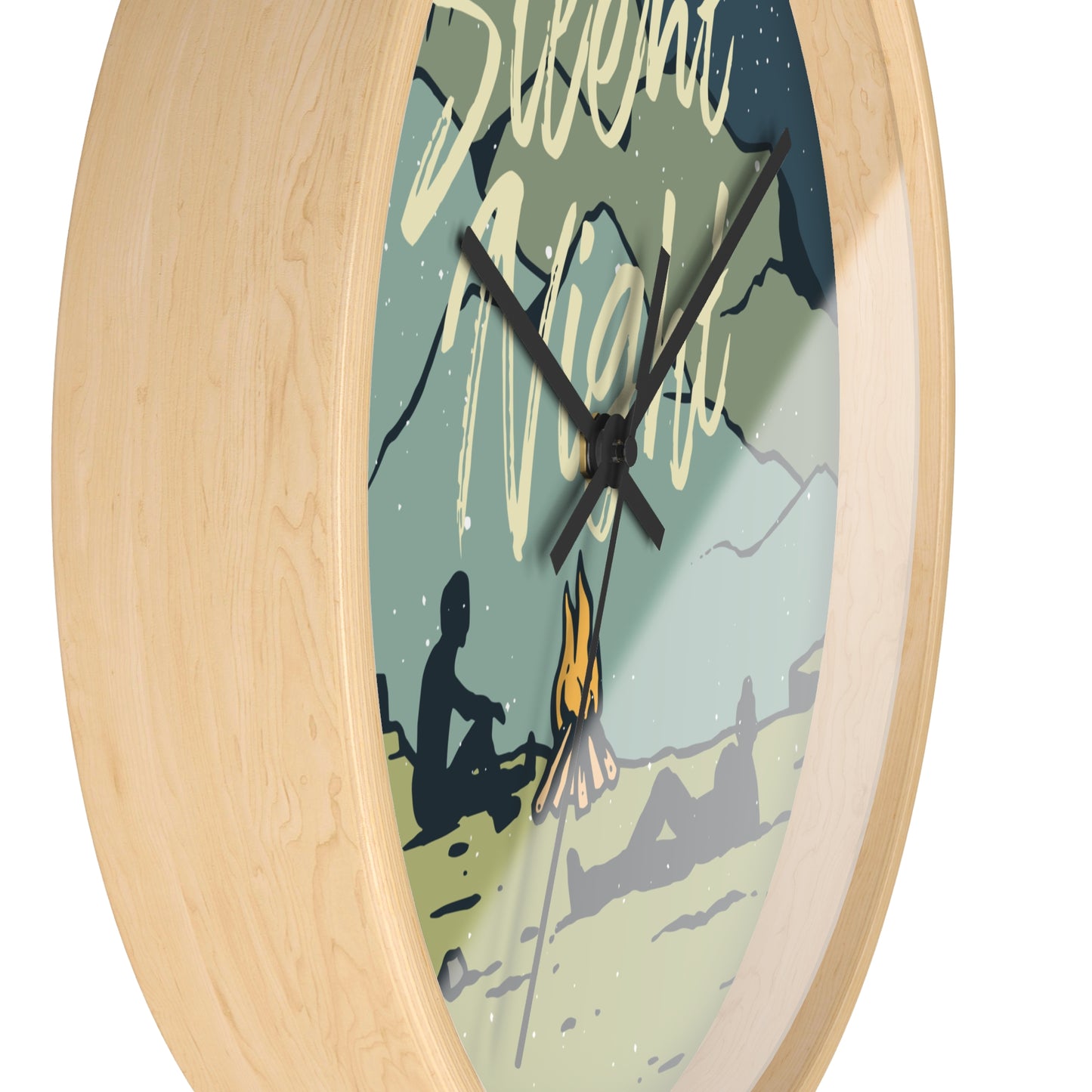Camping wall clock – side view, wood frame, black hands