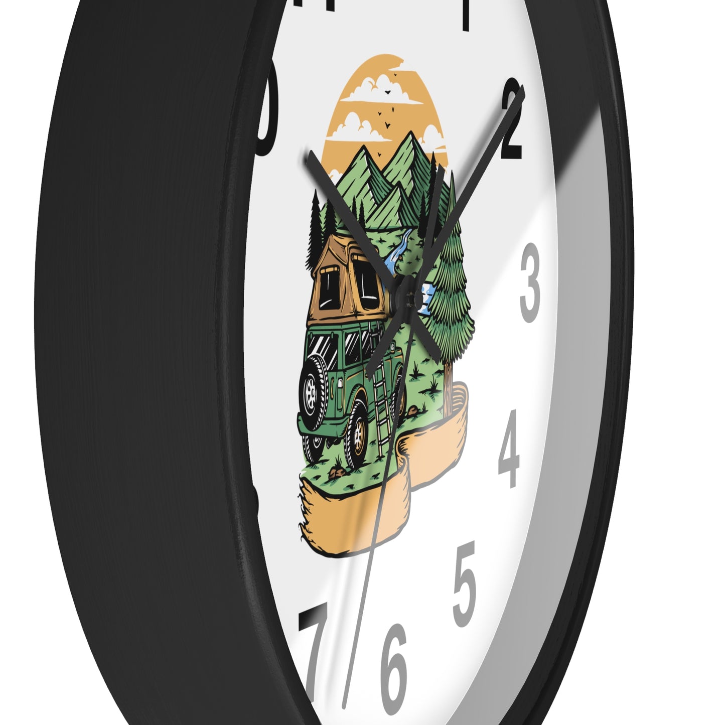 Camping Adventure Wall Clock with Van and Mountain Nature Illustration