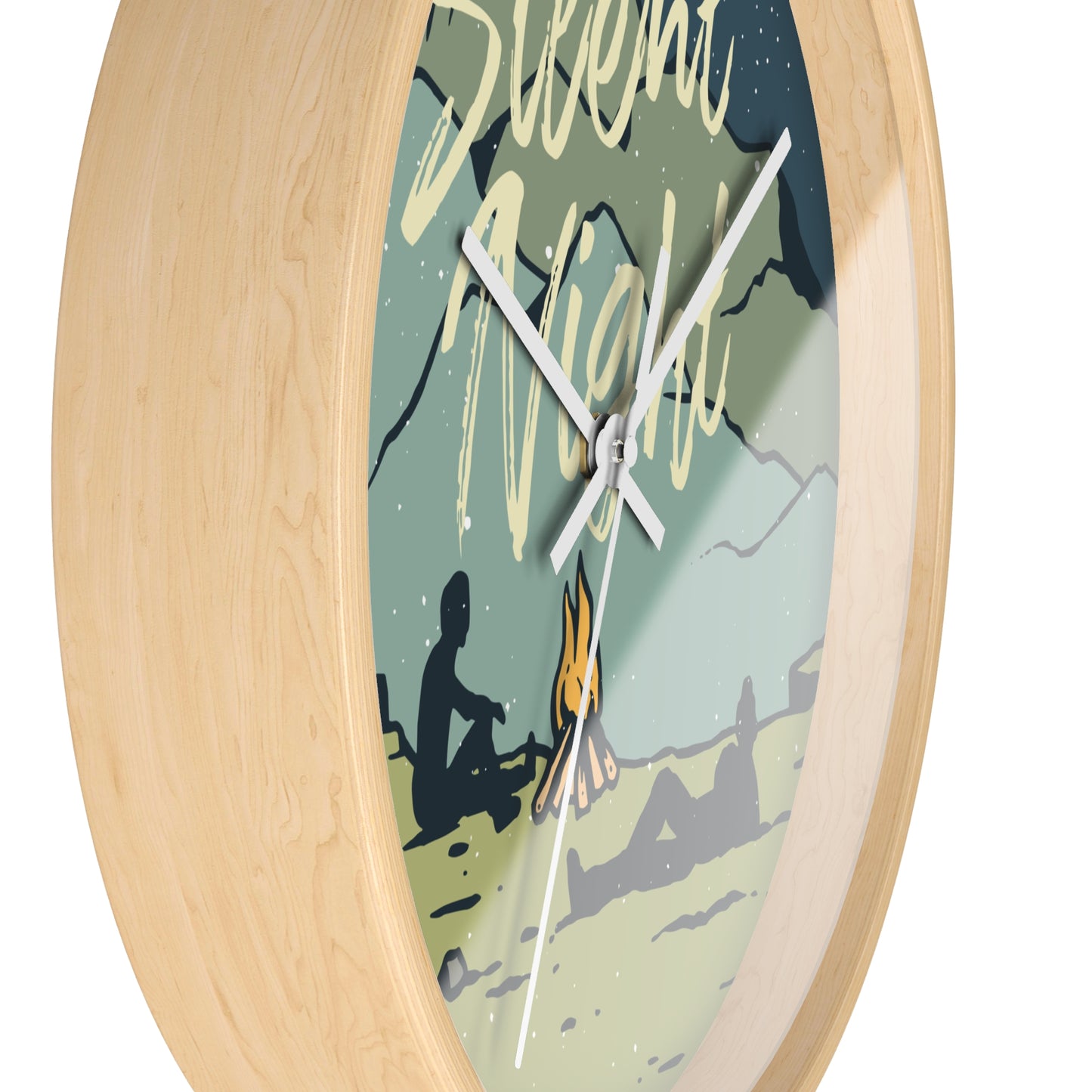 Silent Night Wall Clock - Cozy Nature Home Decor with Campfire and Mountain Scene