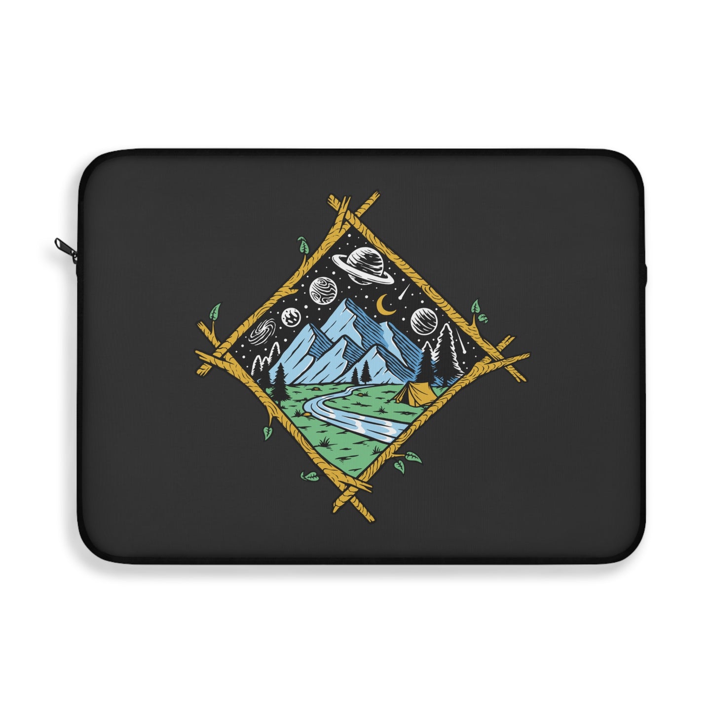 Cosmic Mountain Night Laptop Sleeve with Camping Illustration