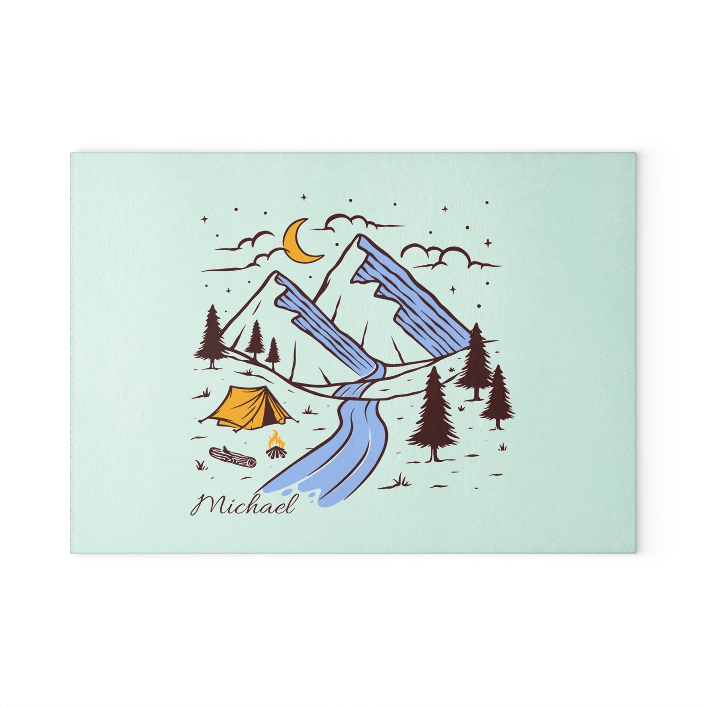 Personalized Moonlit Camping Cutting Board - Custom Name Mountain Night Scene Gift