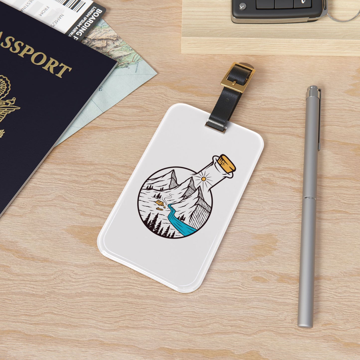 Nature in a Bottle Luggage Tag - Mountain Camping Travel Tag for Adventure Lovers
