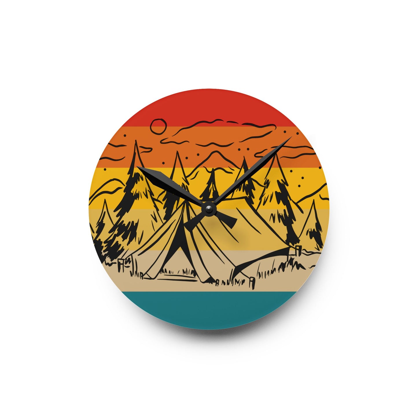 Sunset Camping Acrylic Wall Clock - Modern Nature Home Decor with Minimal Outdoor Art